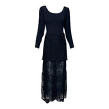 GALANOS 1980's Black Tiered Guipure Lace Gown