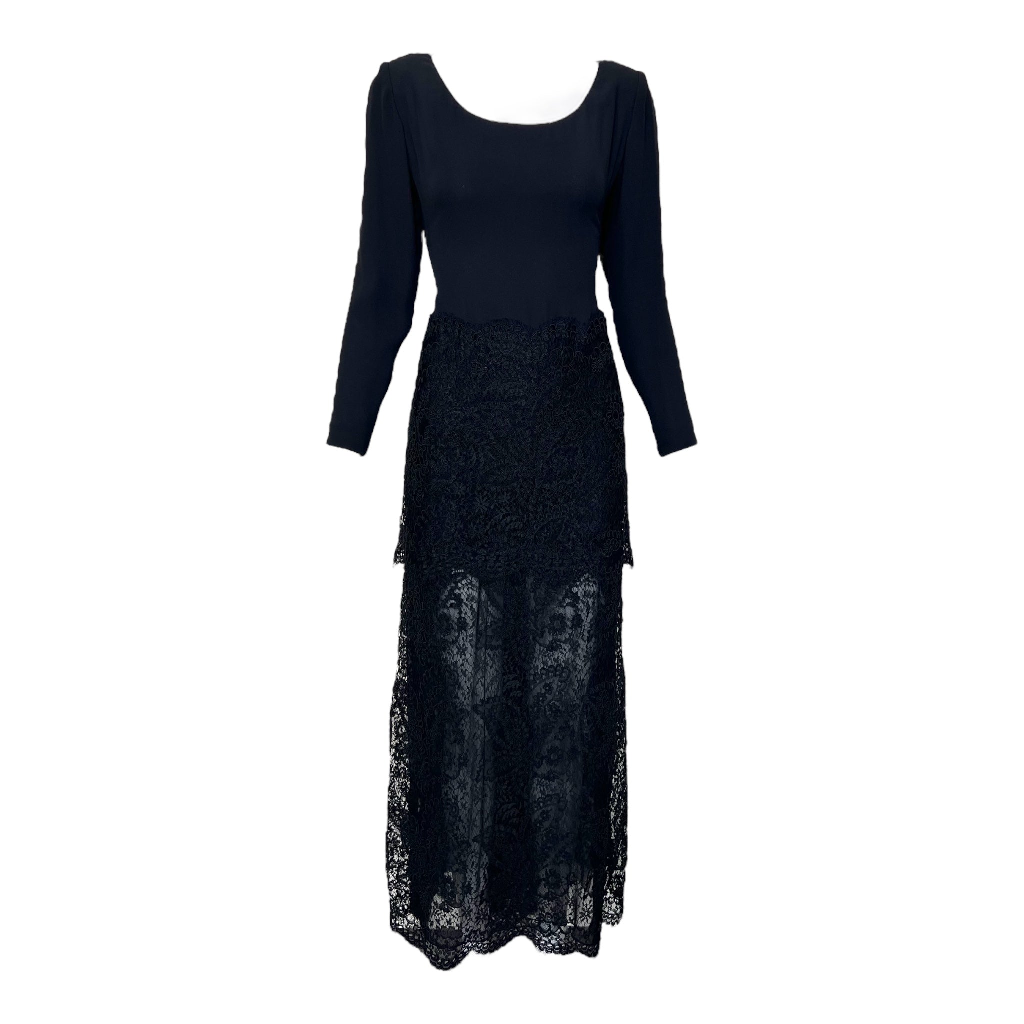 GALANOS 1980's Black Tiered Guipure Lace Gown
