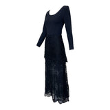 GALANOS 1980's Black Tiered Guipure Lace Gown, side