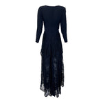 GALANOS 1980's Black Tiered Guipure Lace Gown, back