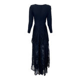 GALANOS 1980's Black Tiered Guipure Lace Gown, back