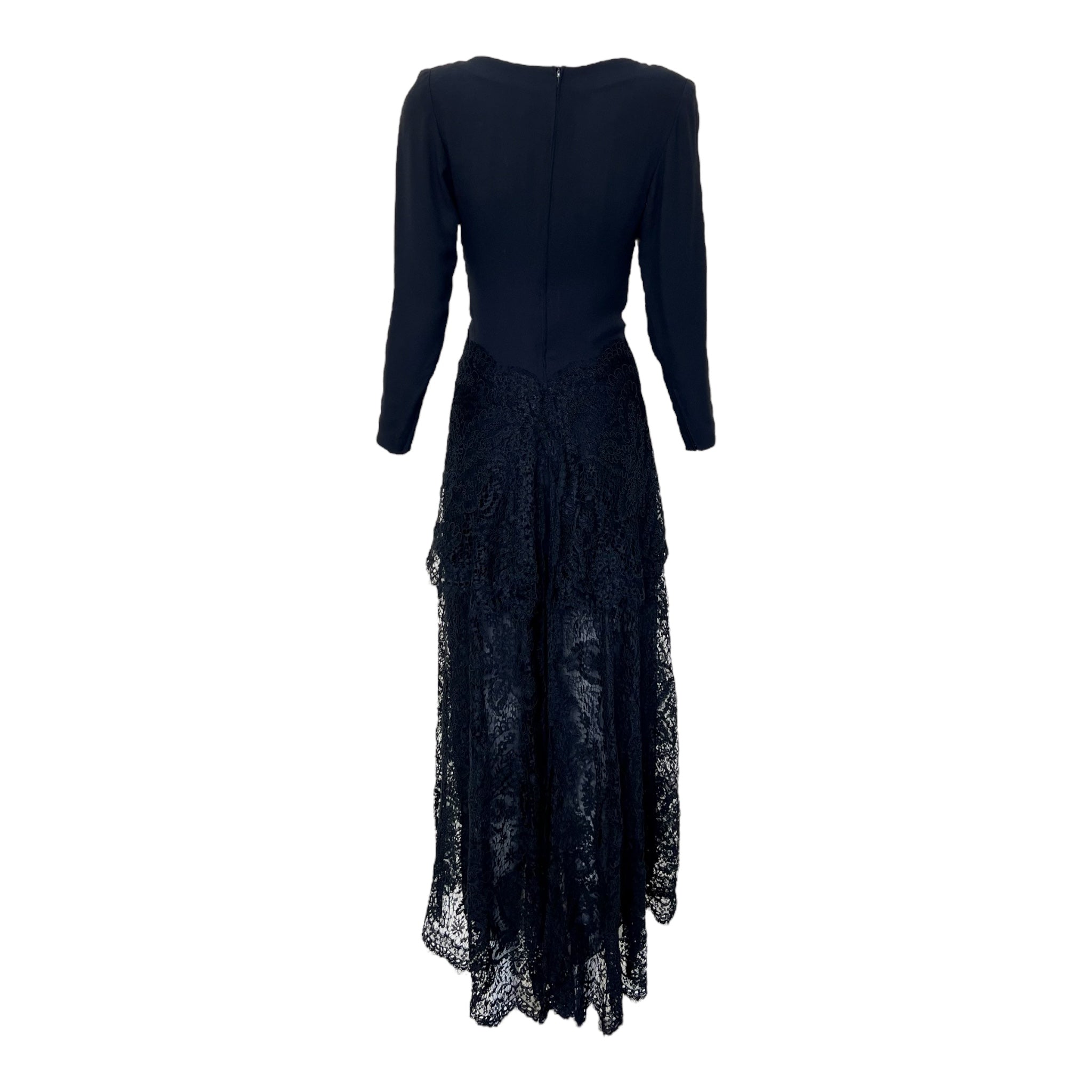 GALANOS 1980's Black Tiered Guipure Lace Gown, back