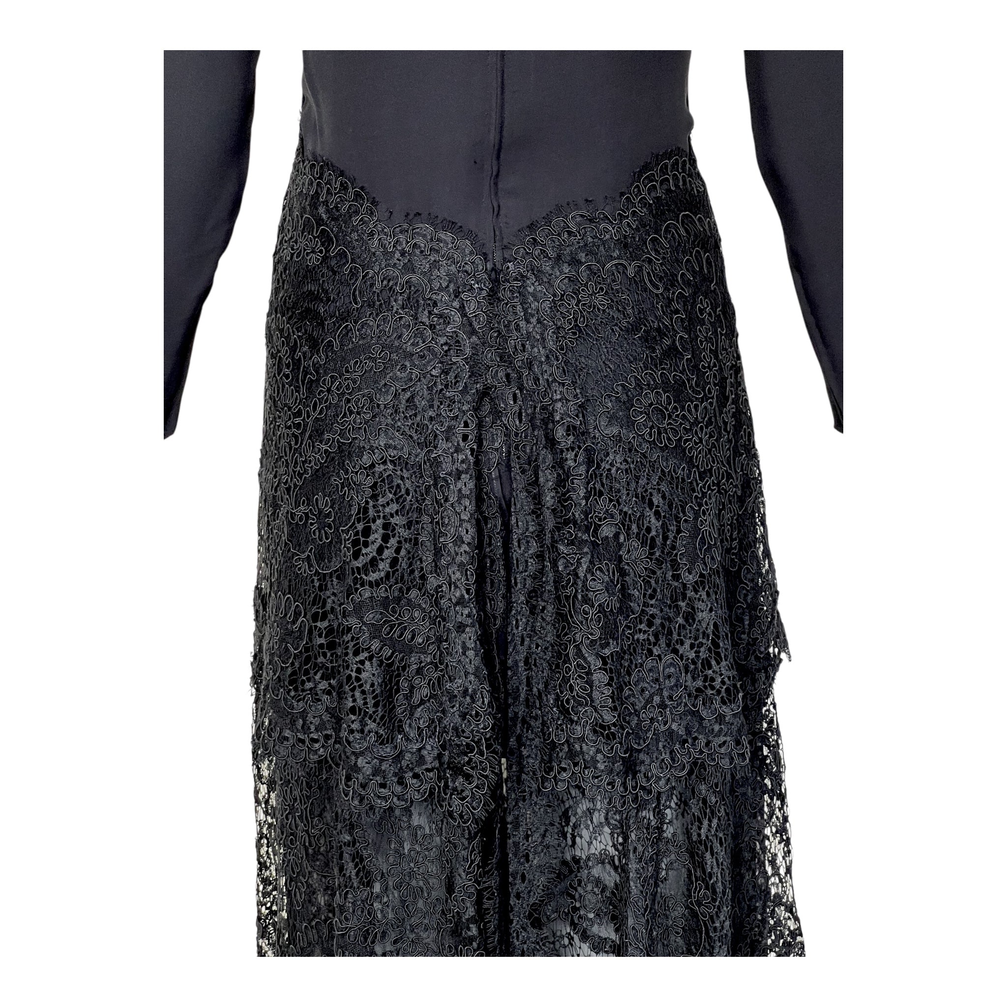 GALANOS 1980's Black Tiered Guipure Lace Gown, detail