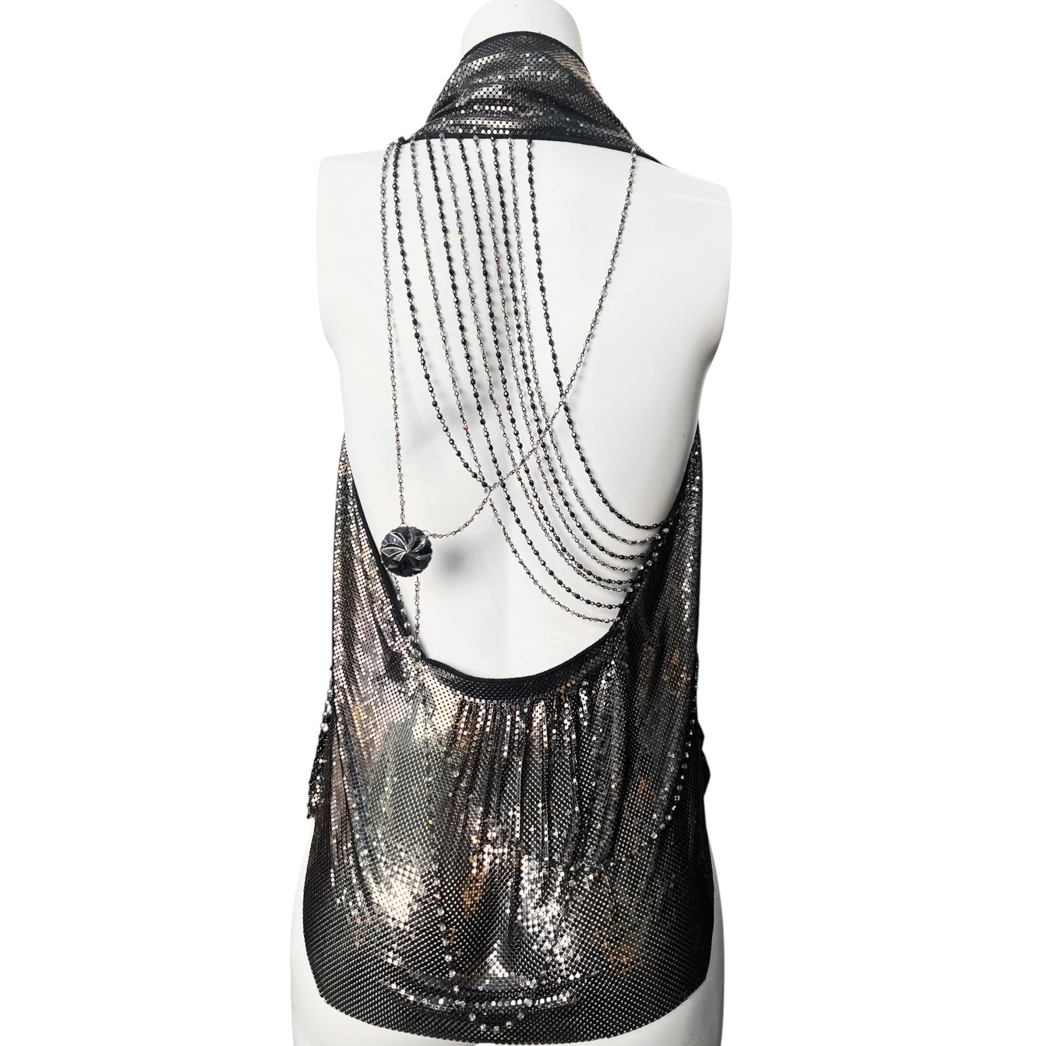 Ferrara Bronzed Black Enamel Mesh Halter Vest with Fringed Back, back