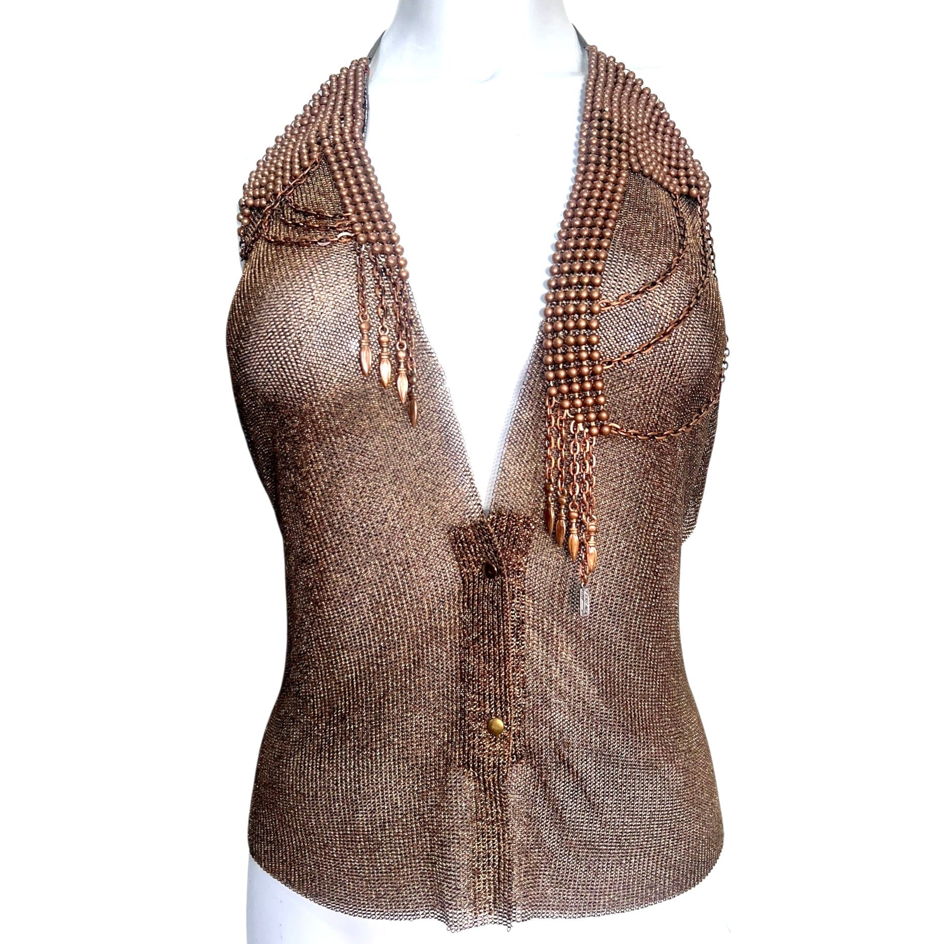 Ferrara Copper Ring Mesh Halter with Metal Beads and Fringe