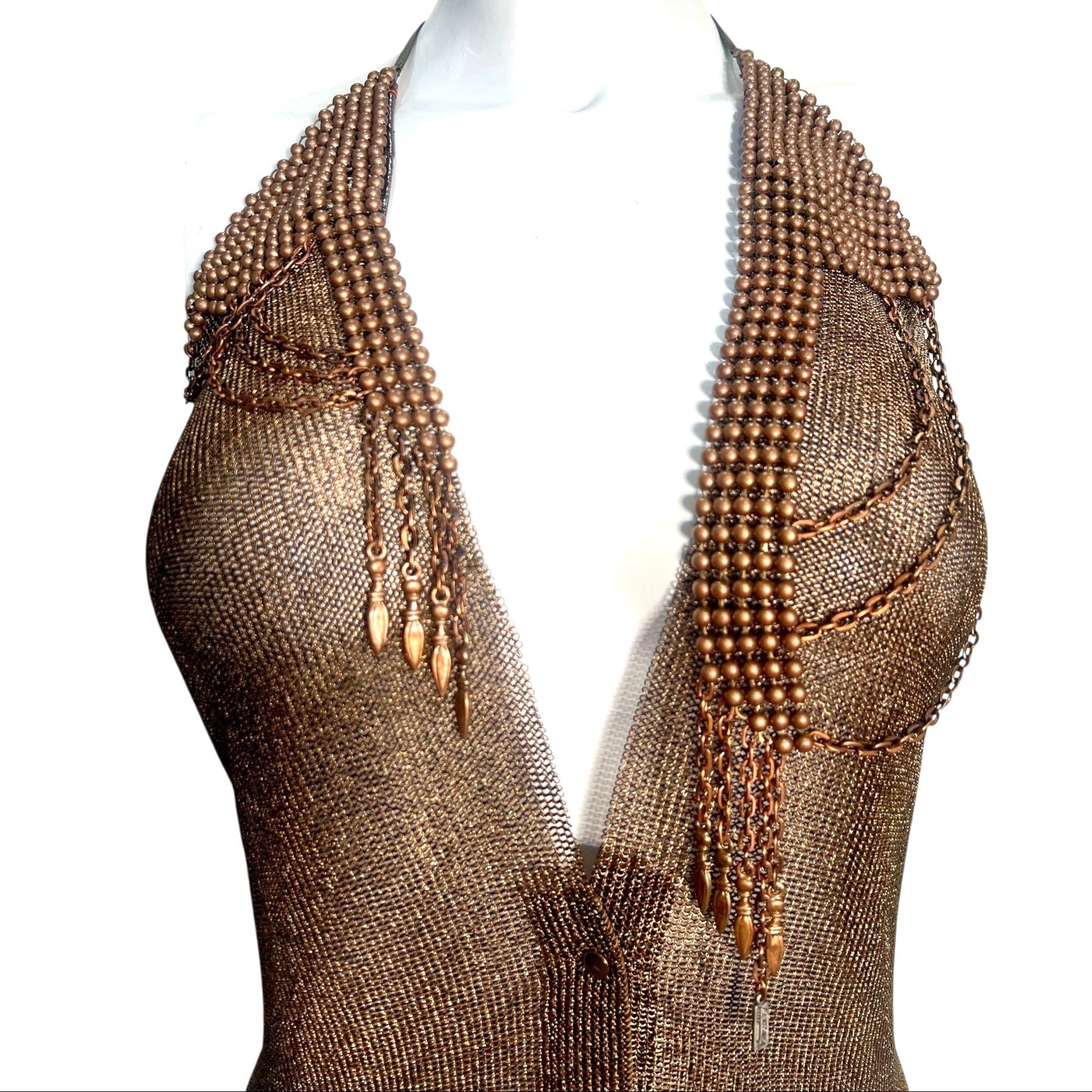 Ferrara Copper Ring Mesh Halter with Metal Beads and Fringe, top