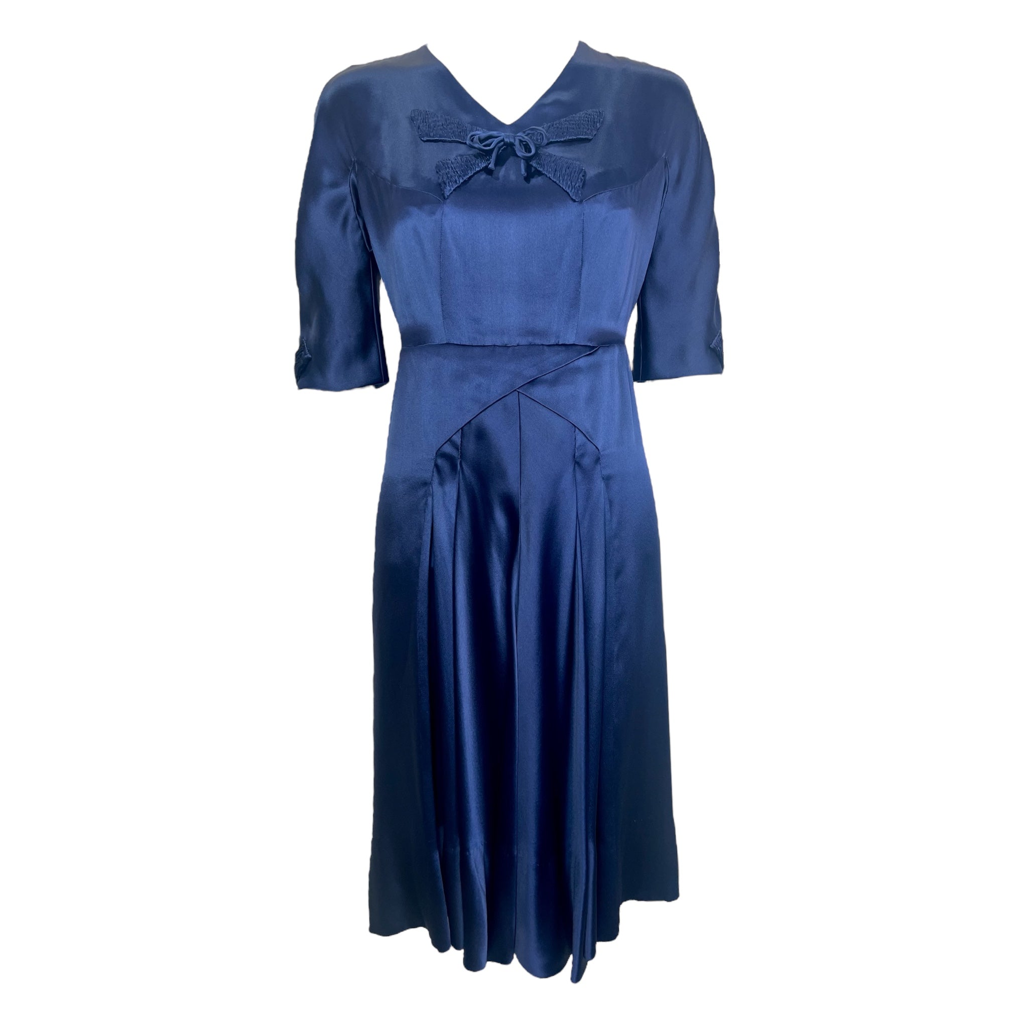 1940's Midnight Blue Silk Satin Couture Cocktail Dress