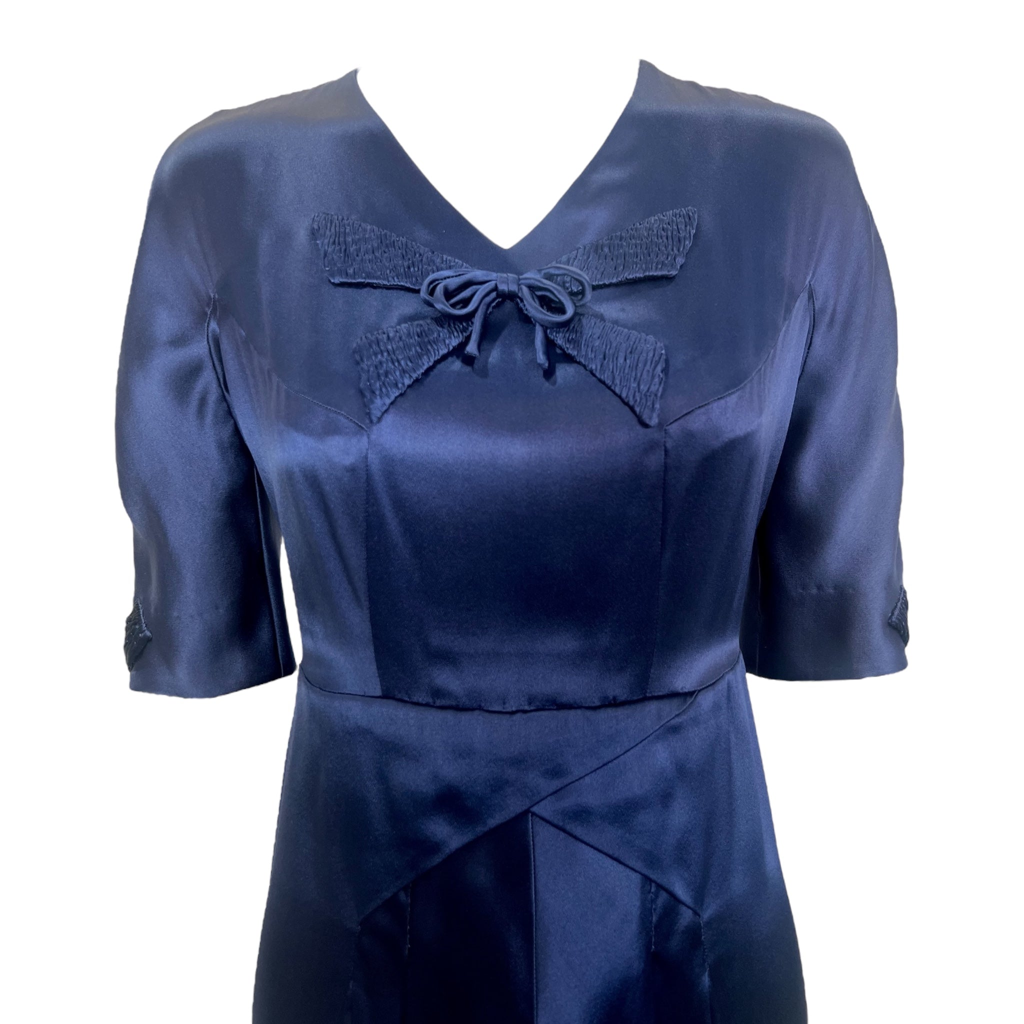 1940's Midnight Blue Silk Satin Couture Cocktail Dress, top
