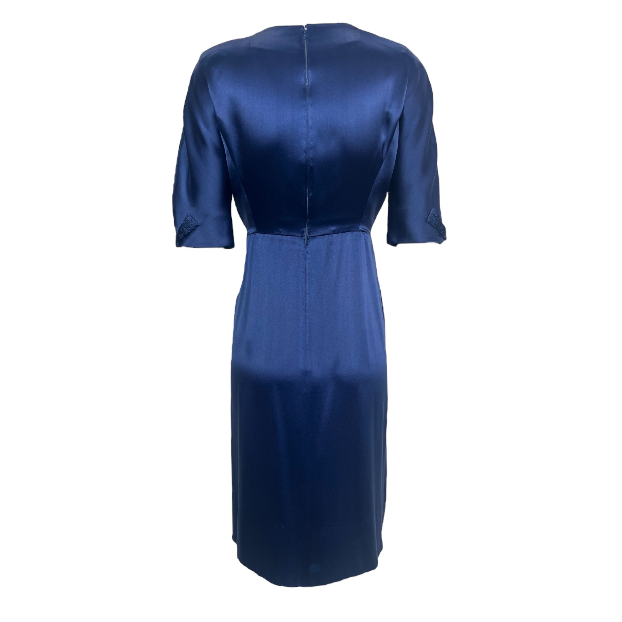 1940's Midnight Blue Silk Satin Couture Cocktail Dress, back