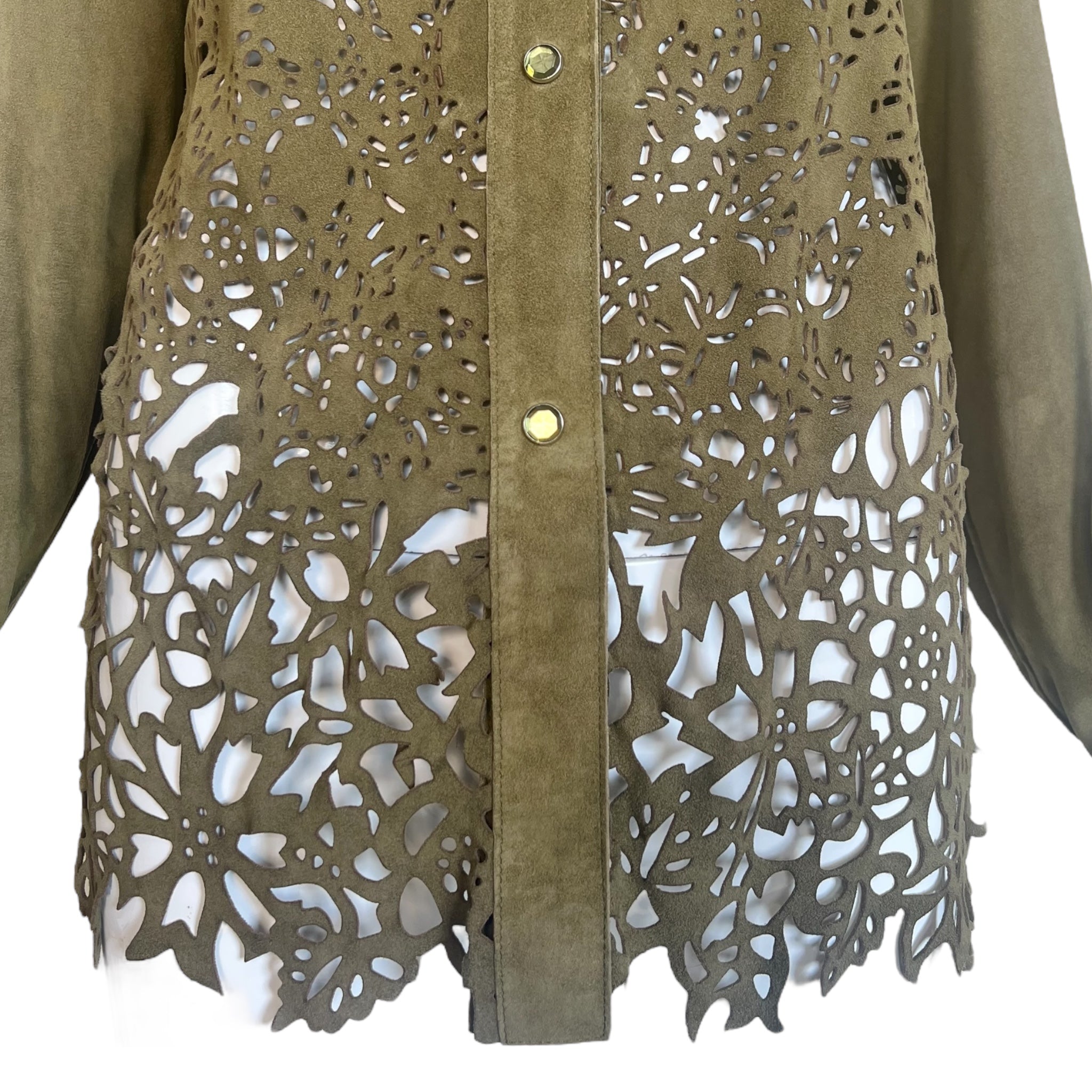 Roberto Cavalli SS2004 Green Suede Laser Cut Blouse, hem