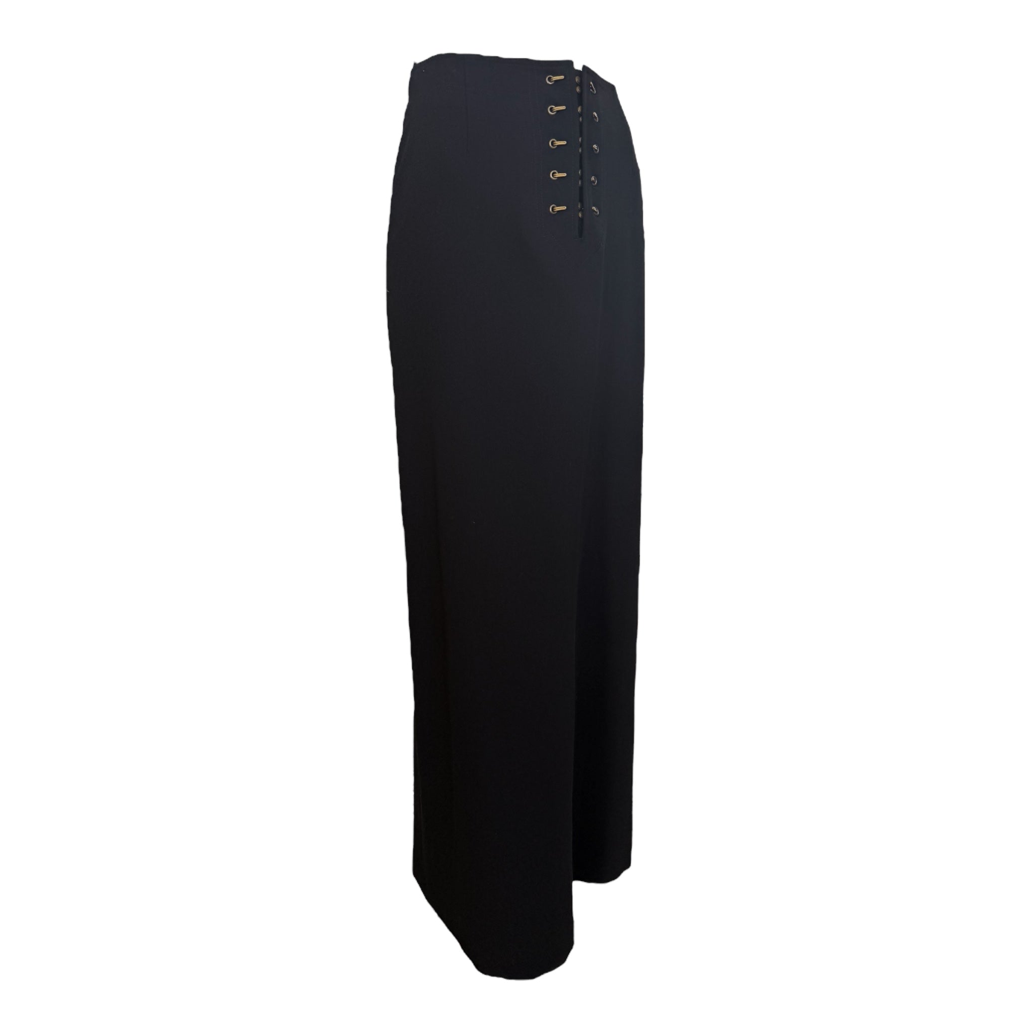 Jean Paul Gaultier Classique 1990's Black Wool Maxi Skirt with Brass Grommets, side
