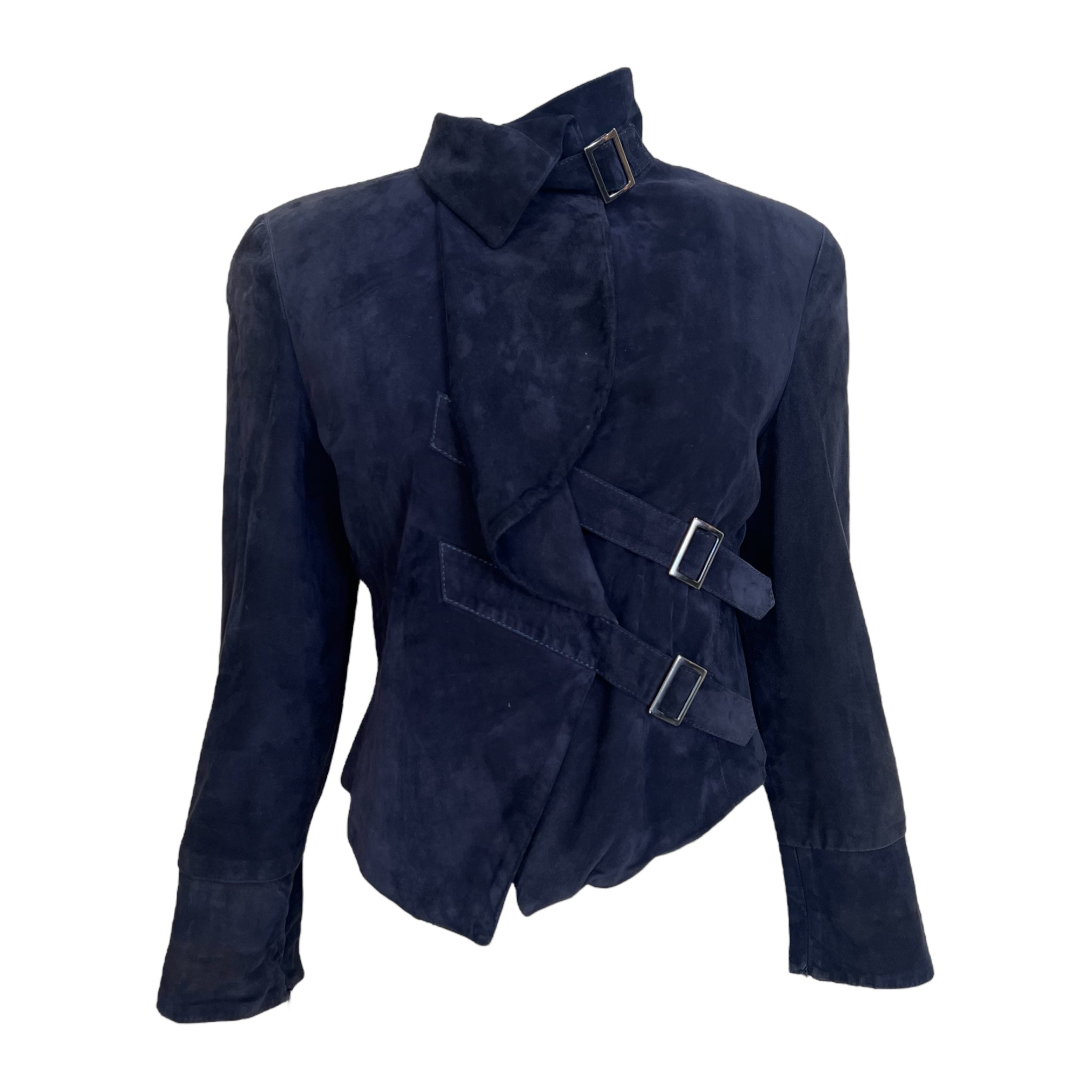 Armani 1990's Charcoal Black Suede Cropped Moto Jacket, collar closed