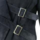 Armani 1990's Charcoal Black Suede Cropped Moto Jacket, buckles