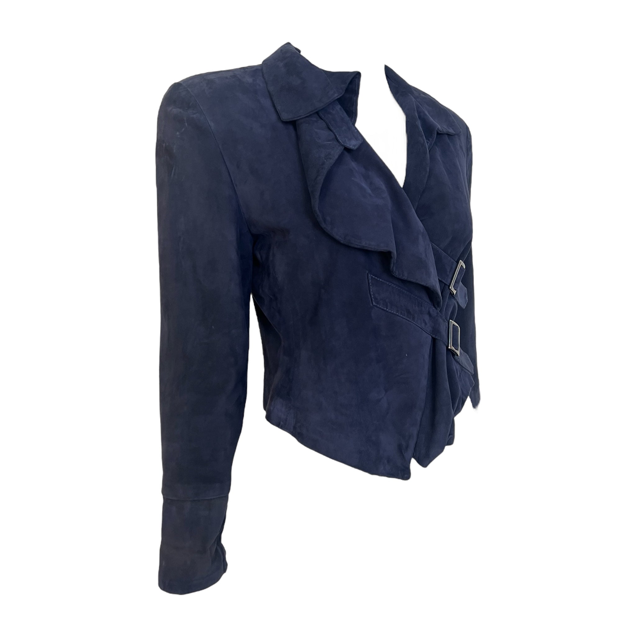 Armani 1990's Charcoal Black Suede Cropped Moto Jacket, side