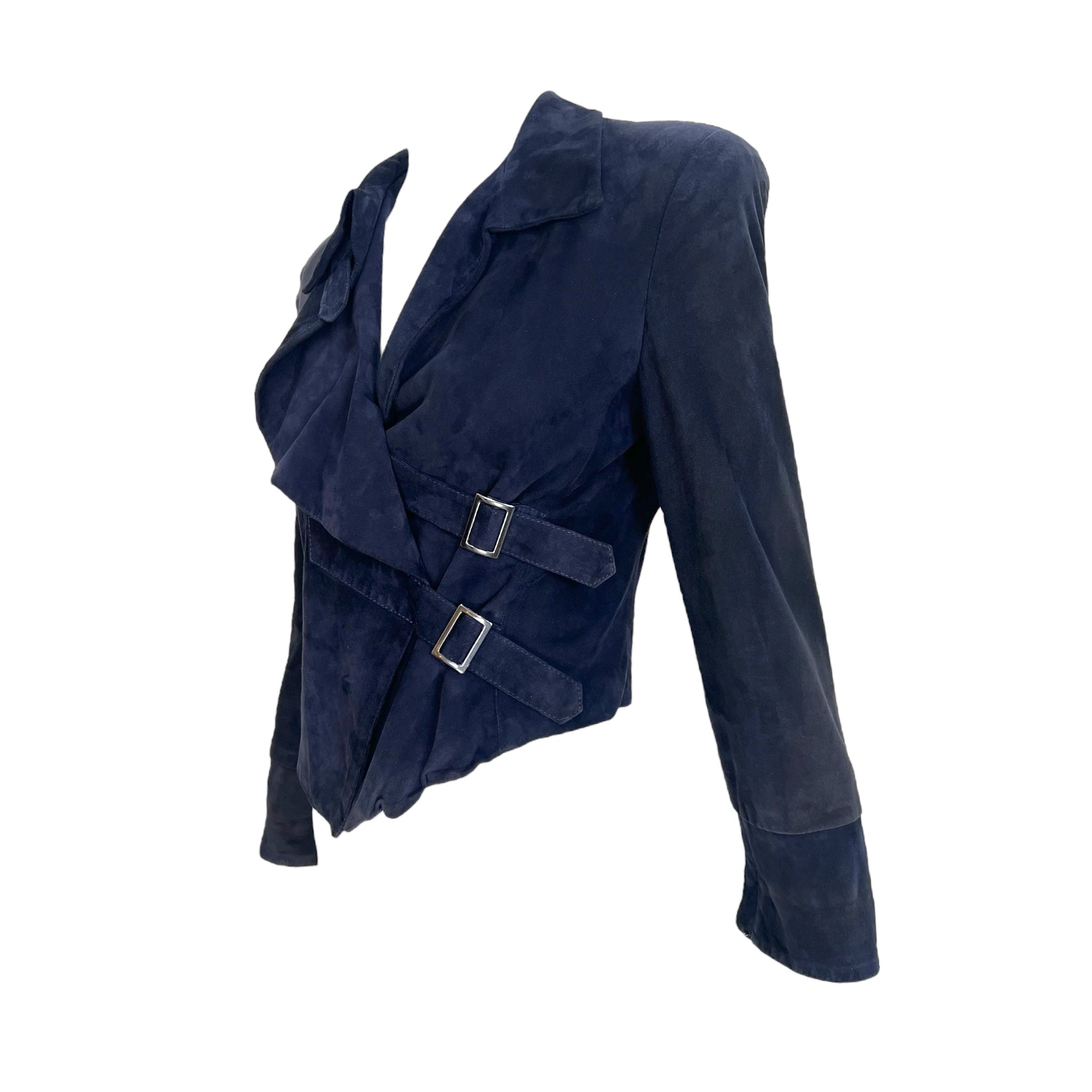 Armani 1990's Charcoal Black Suede Cropped Moto Jacket side 2