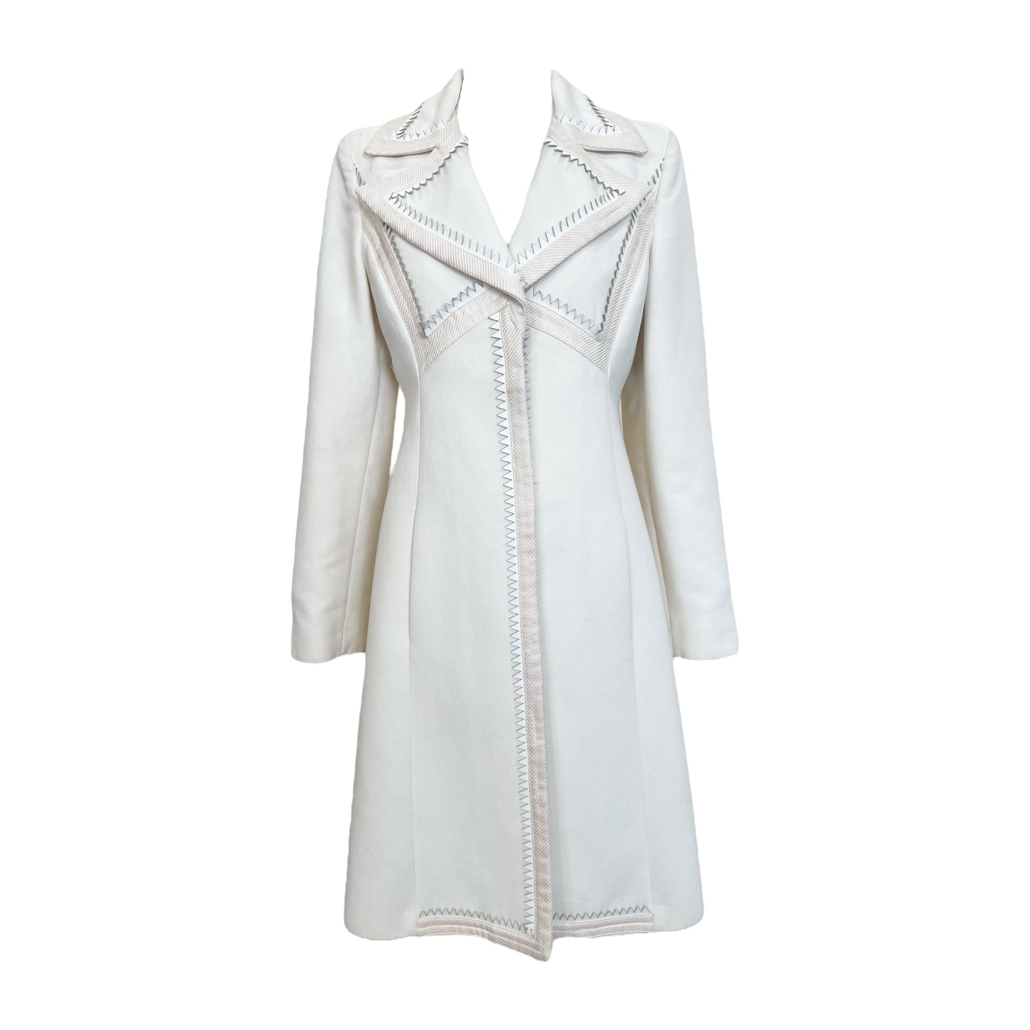 Lifetime Gianni Versace Couture 1980's Ivory Wool Coat with Serrated Leather Detail FRONT