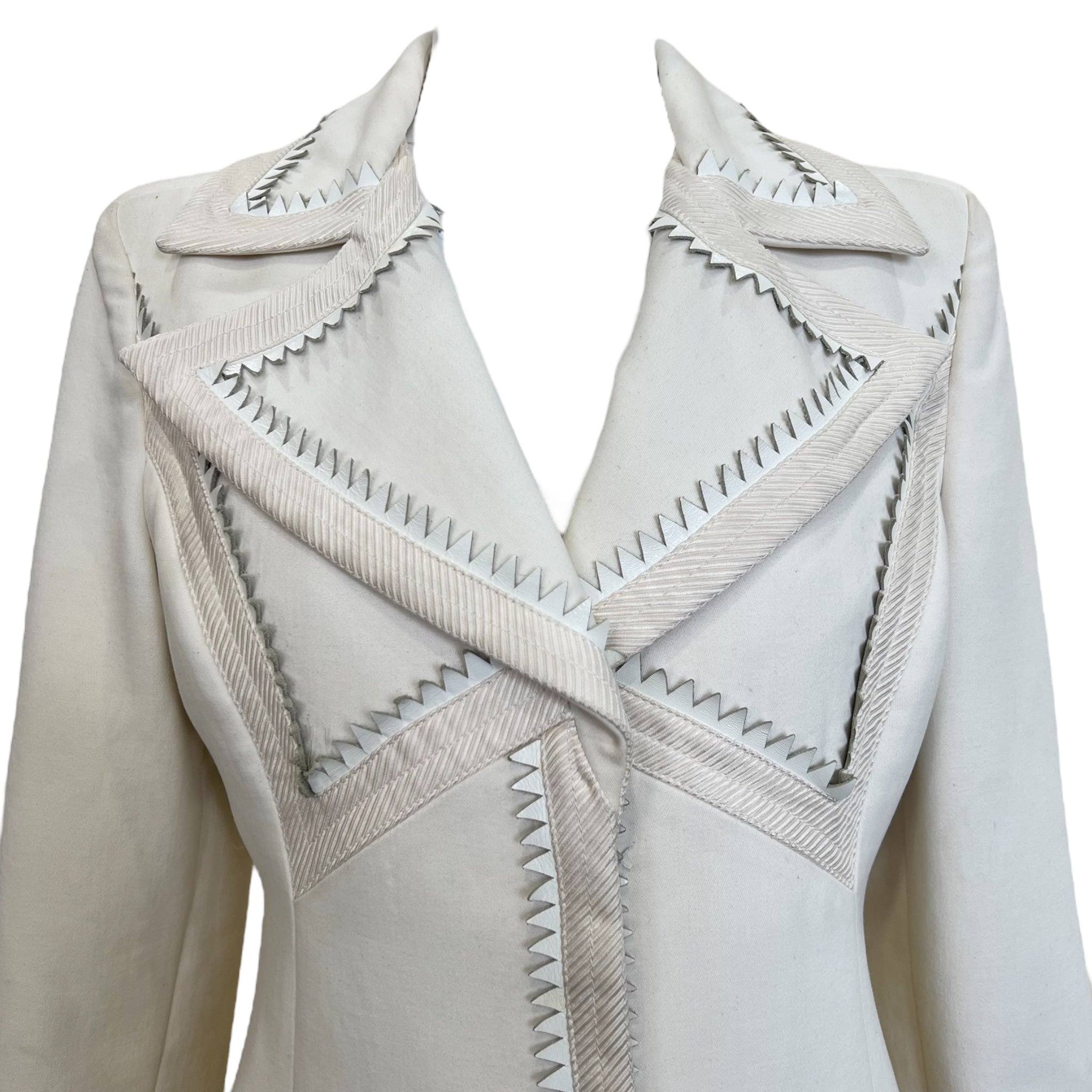 Lifetime Gianni Versace Couture 1980's Ivory Wool Coat with Serrated Leather Detail CHEST