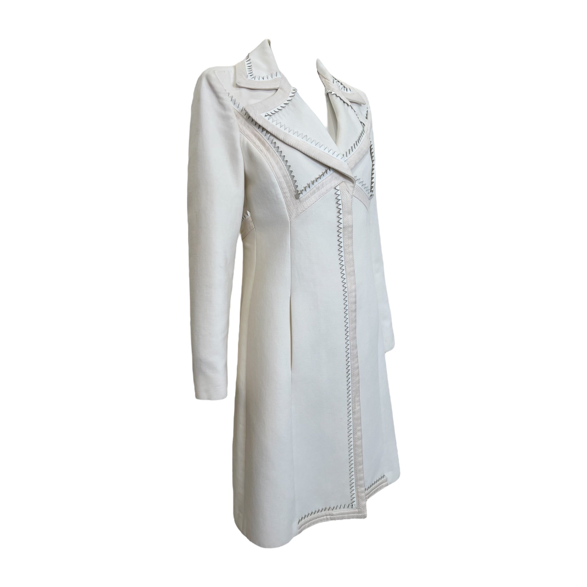 Lifetime Gianni Versace Couture 1980's Ivory Wool Coat with Serrated Leather Detail FRONT ANGLE