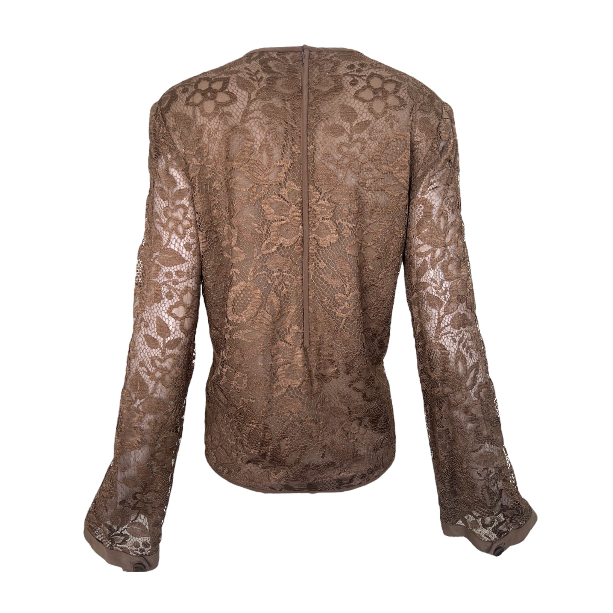 Valentino Couture 1980's Chocolate Brown Lace Long Sleeve Blouse, back