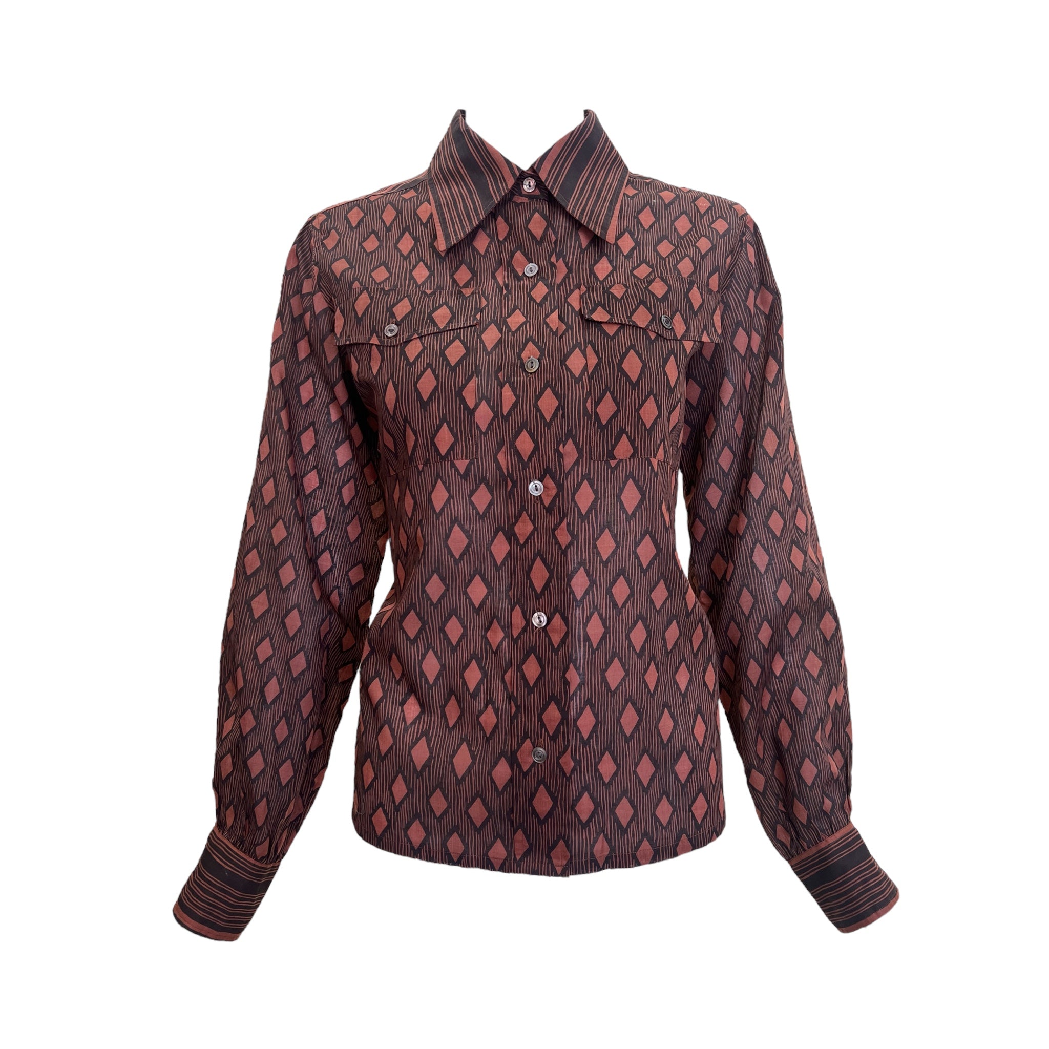 Saint Laurent 70s Brown Black Graphic Cotton Blouse