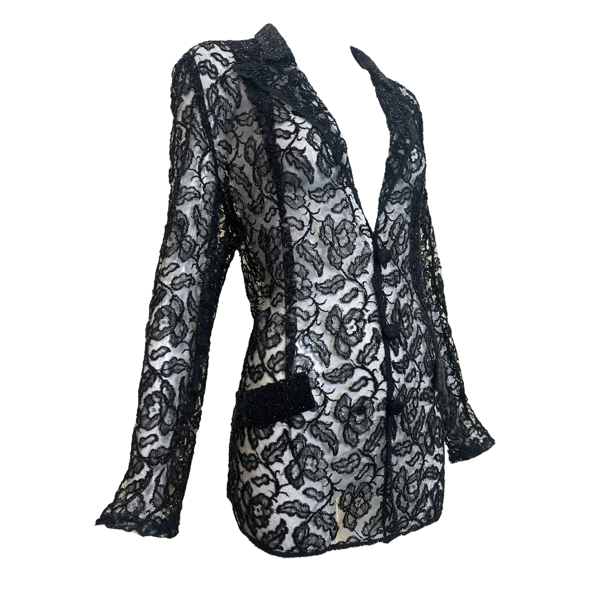 1920's Black Lace Beaded Button Up Cardigan, side