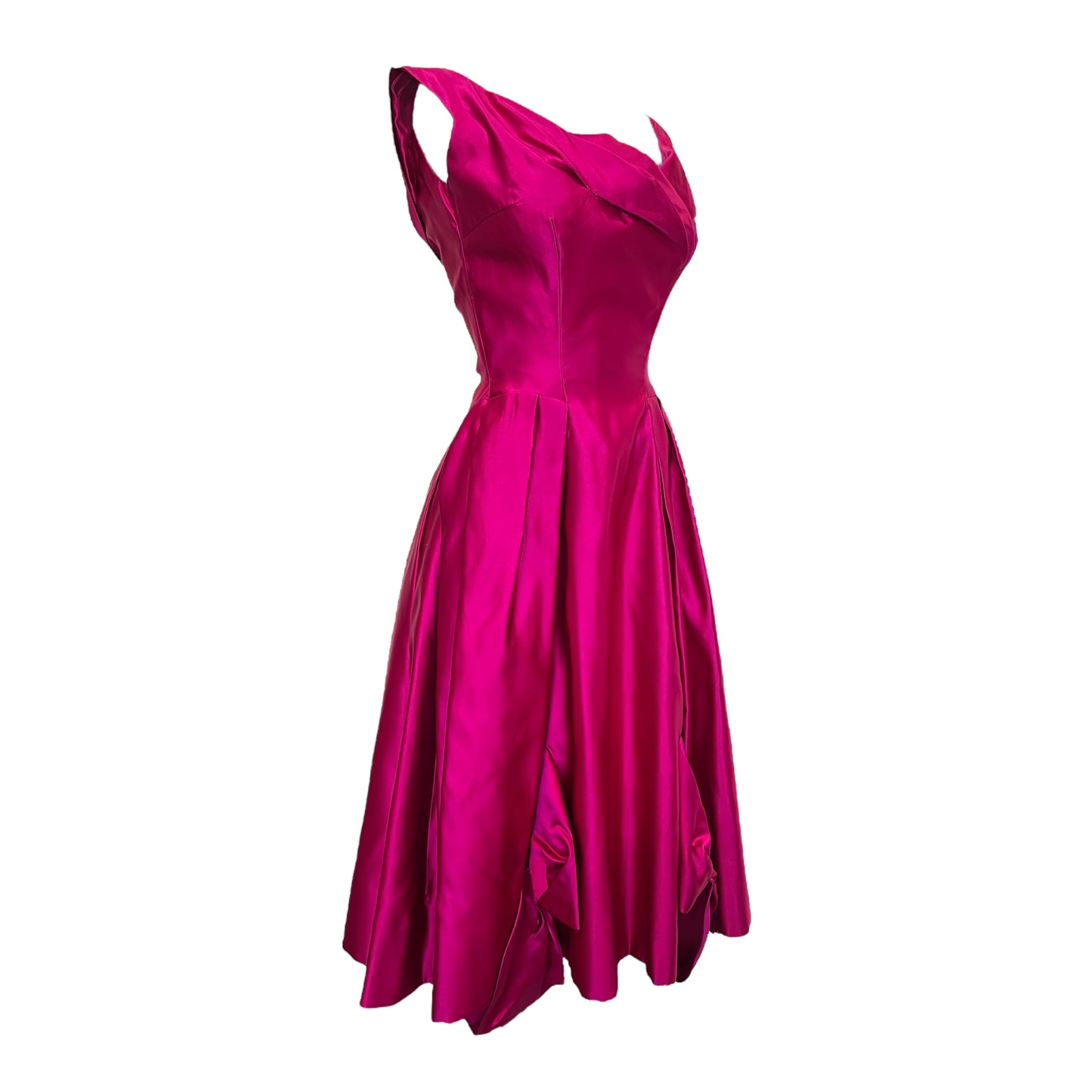 1950's Hot Pink Satin Fit and Flair Cocktail Dress, side