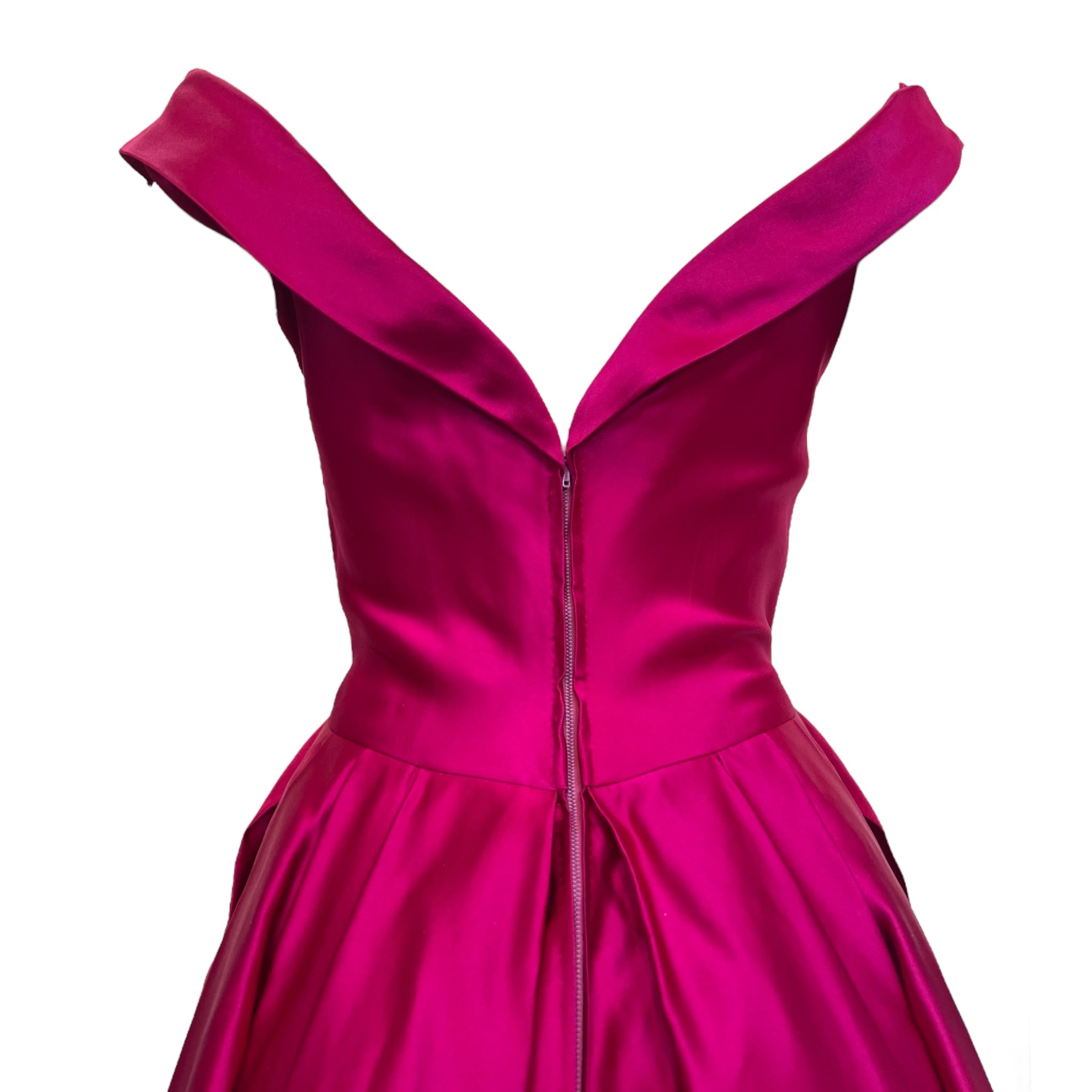1950's Hot Pink Satin Fit and Flair Cocktail Dress, back top