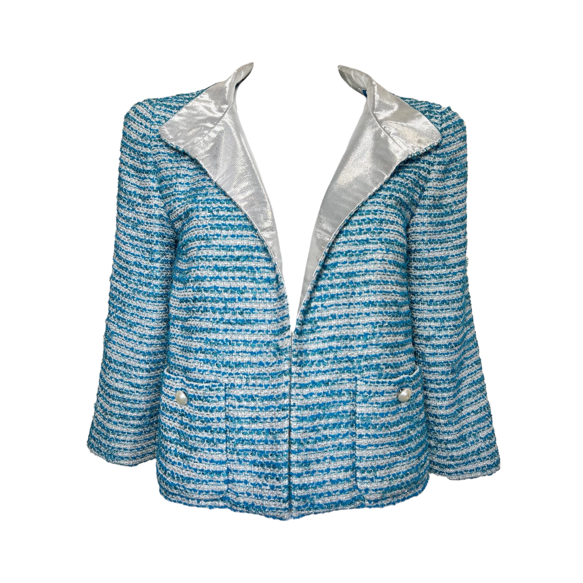 Chanel S/S 2001 Blue Boucle Knit Skirt Suit with Silver Lame , jacket