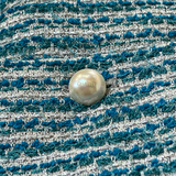 Chanel S/S 2001 Blue Boucle Knit Skirt Suit with Silver Lame, jacket button