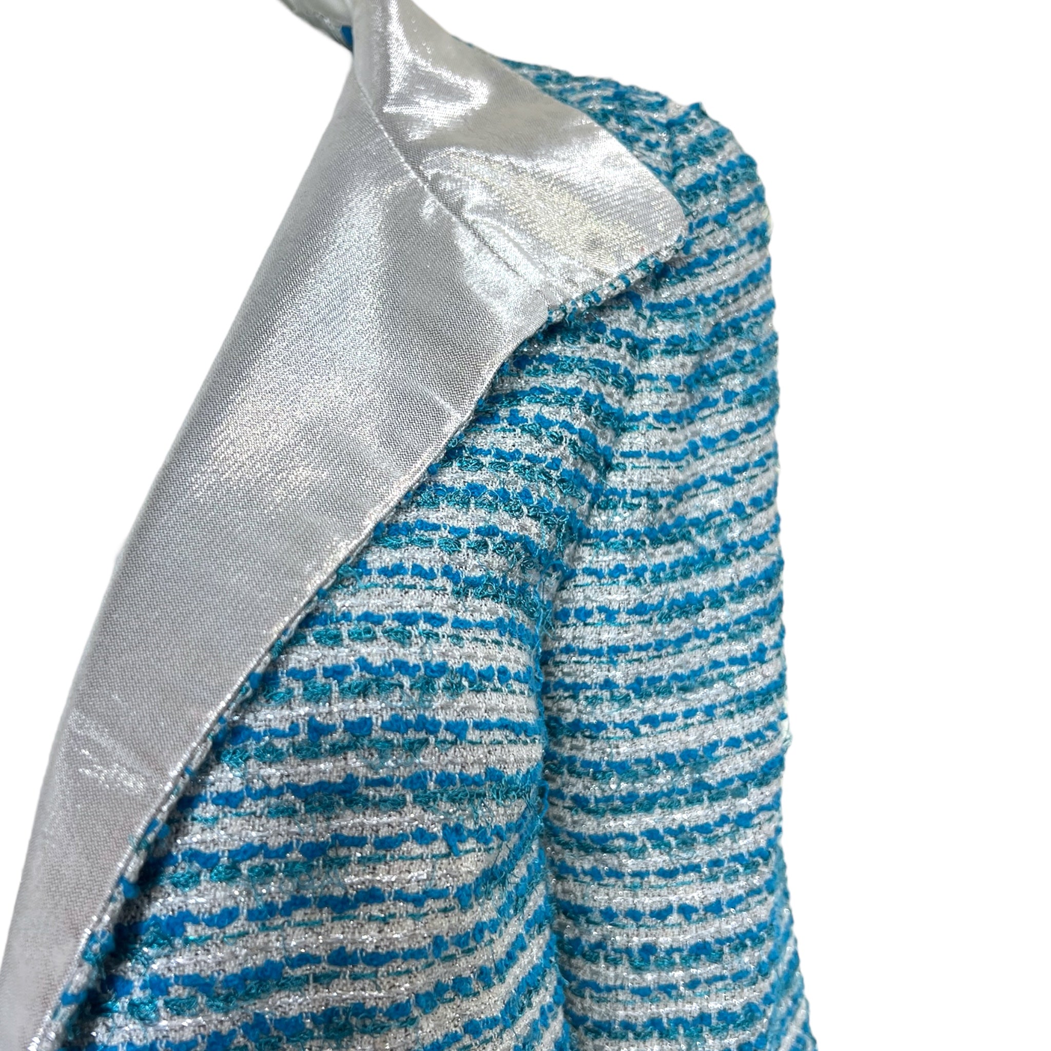 Chanel S/S 2001 Blue Boucle Knit Skirt Suit with Silver Lame, lapel