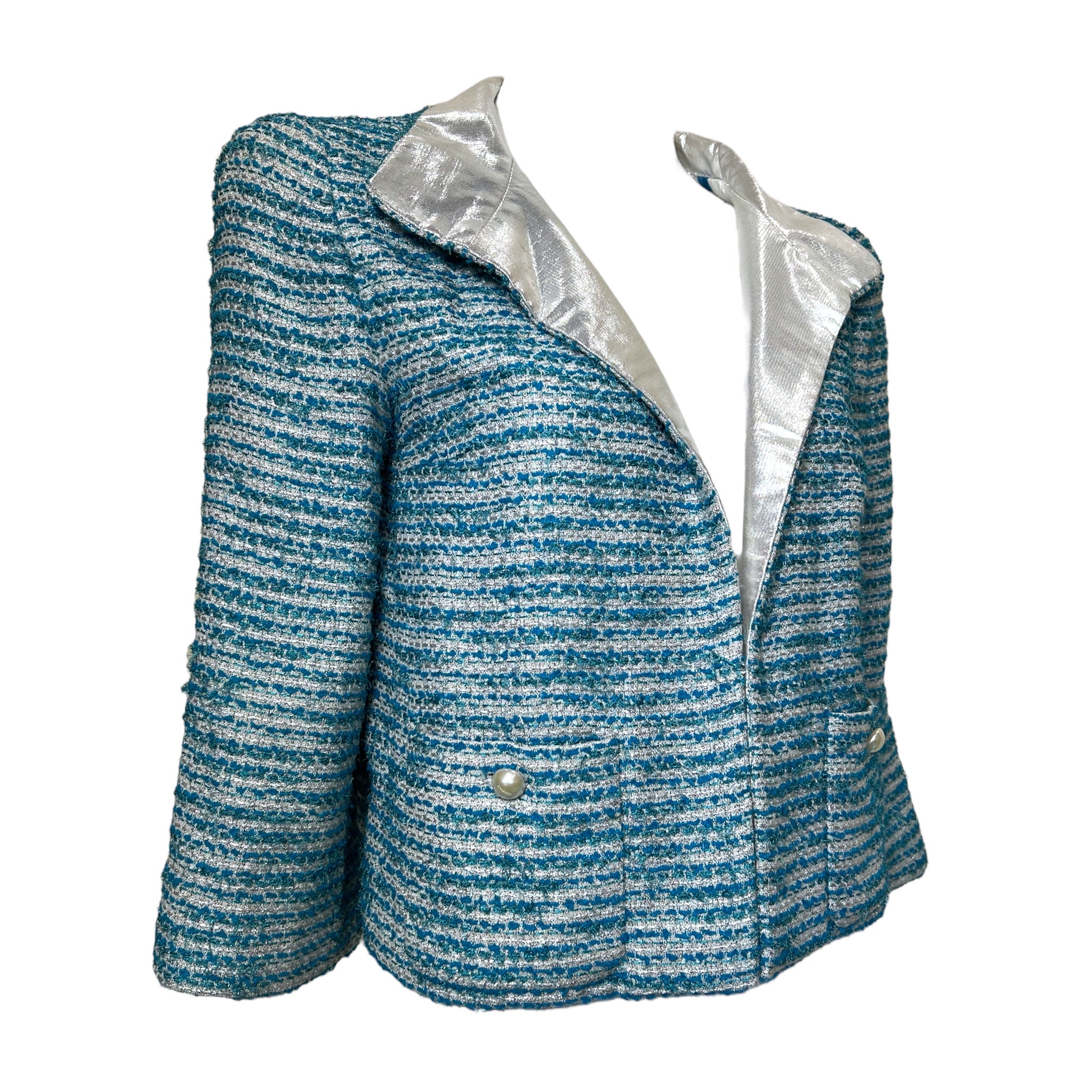 Chanel S/S 2001 Blue Boucle Knit Skirt Suit with Silver Lame, jacket side