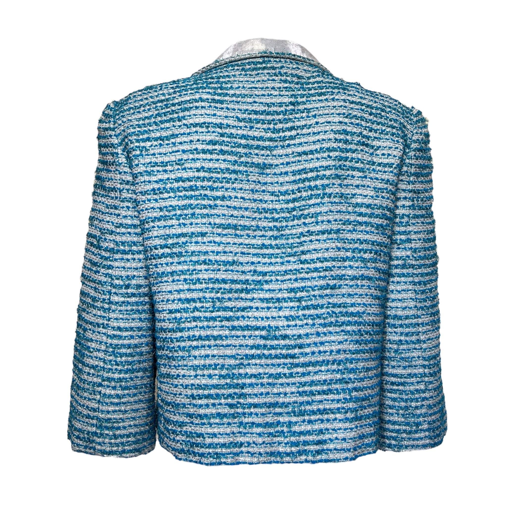 Chanel S/S 2001 Blue Boucle Knit Skirt Suit with Silver Lame, jacket back