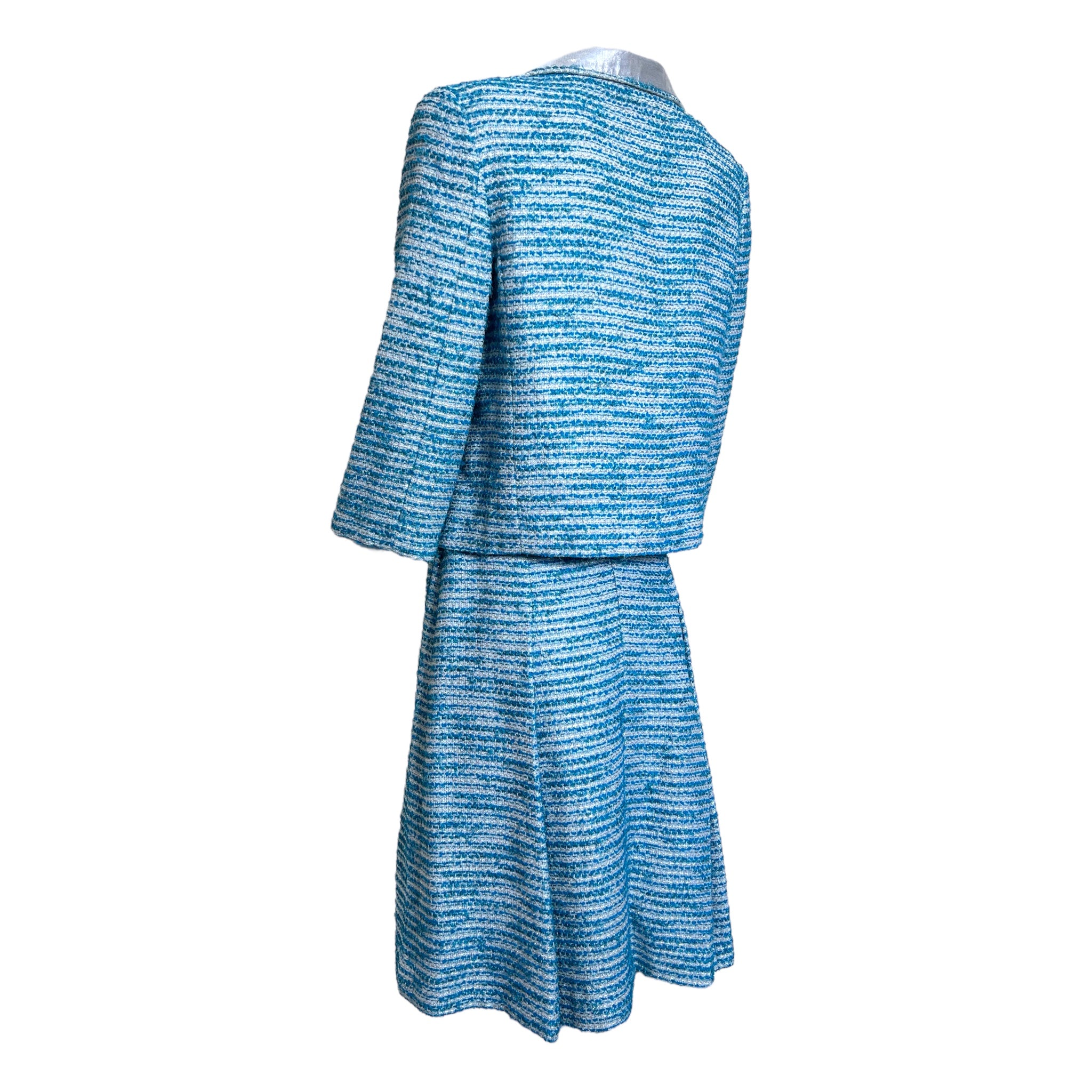 Chanel S/S 2001 Blue Boucle Knit Skirt Suit with Silver Lame, back side