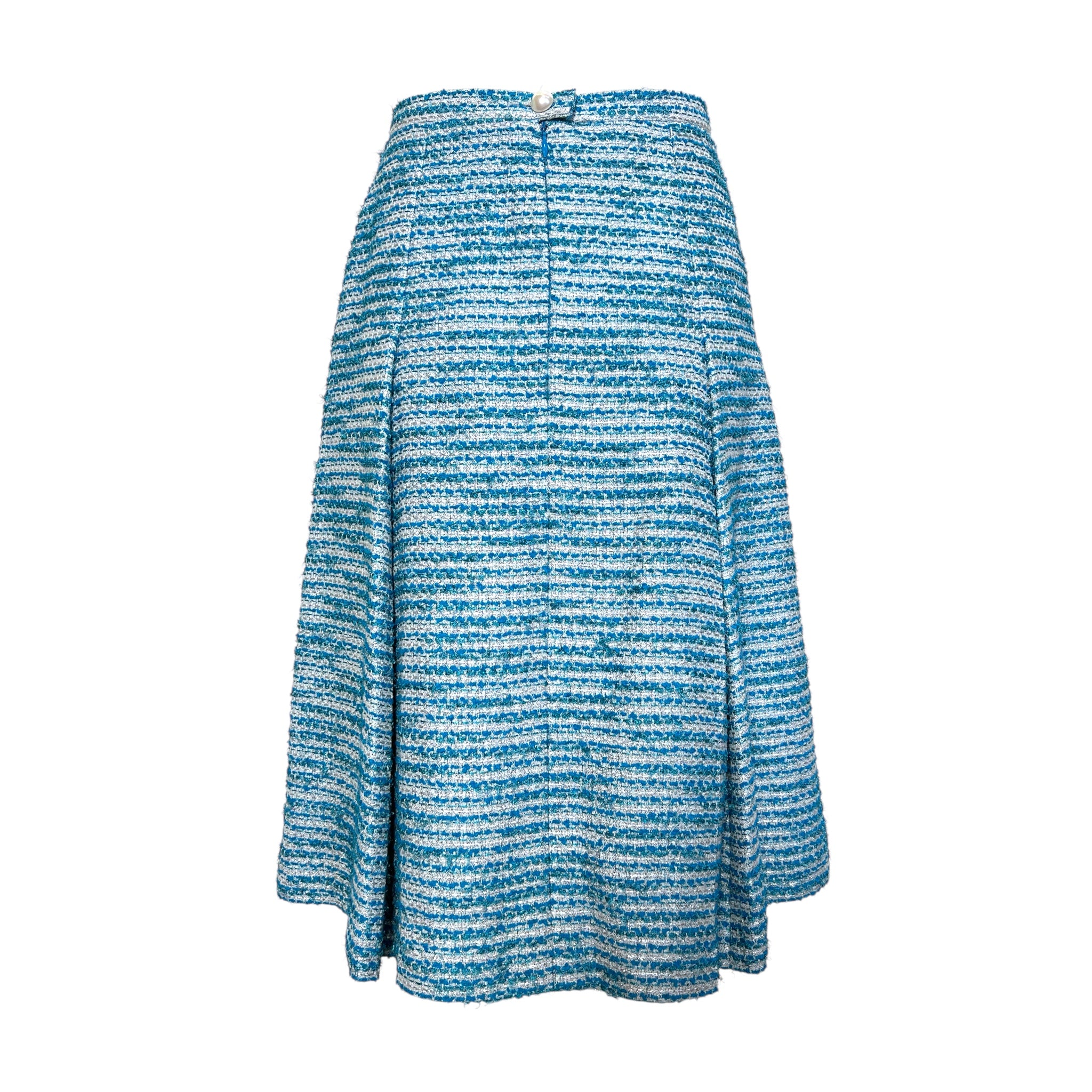 Chanel S/S 2001 Blue Boucle Knit Skirt Suit with Silver Lame, back skirt