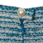 Chanel S/S 2001 Blue Boucle Knit Skirt Suit with Silver Lame, skirt button