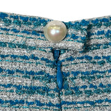 Chanel S/S 2001 Blue Boucle Knit Skirt Suit with Silver Lame, skirt button