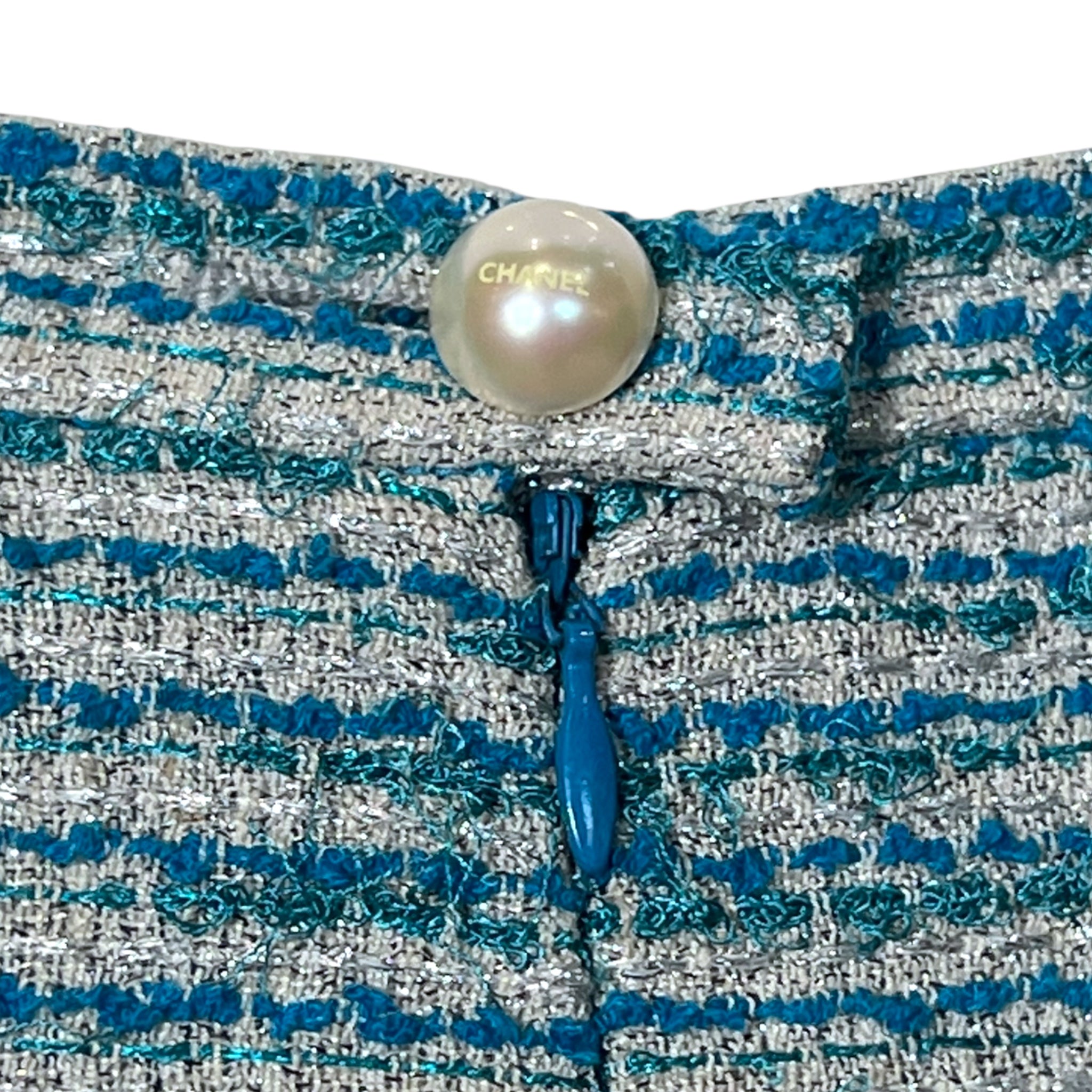 Chanel S/S 2001 Blue Boucle Knit Skirt Suit with Silver Lame, skirt button