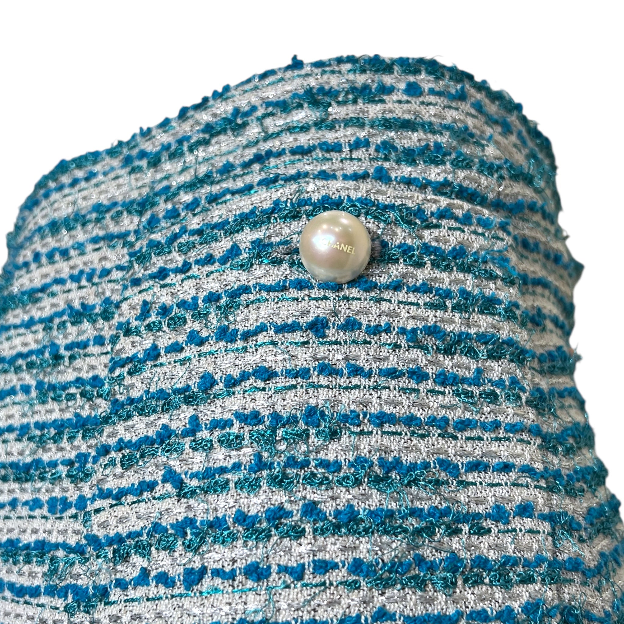 Chanel S/S 2001 Blue Boucle Knit Skirt Suit with Silver Lame, button