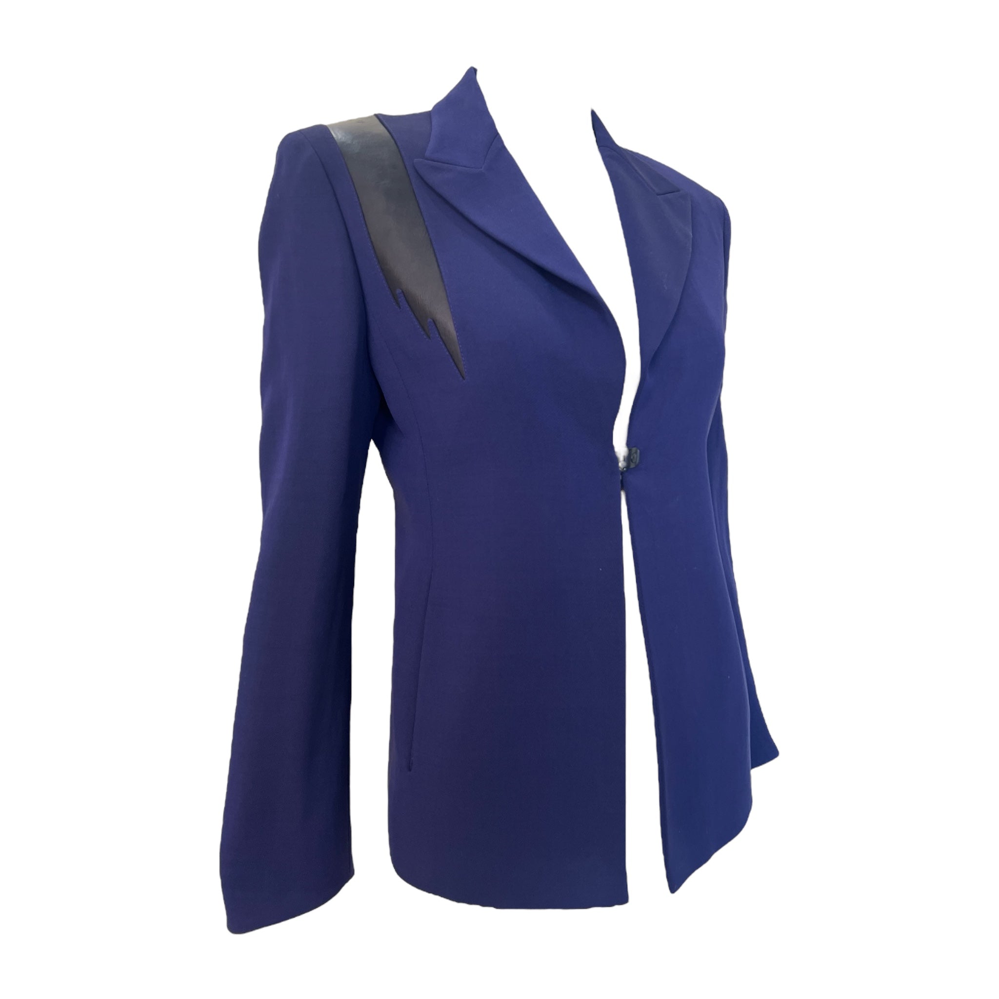 Gianni Versace Couture S/S 1998 Royal Blue Blazer with Black Leather Shoulder Stripe, NWT, side