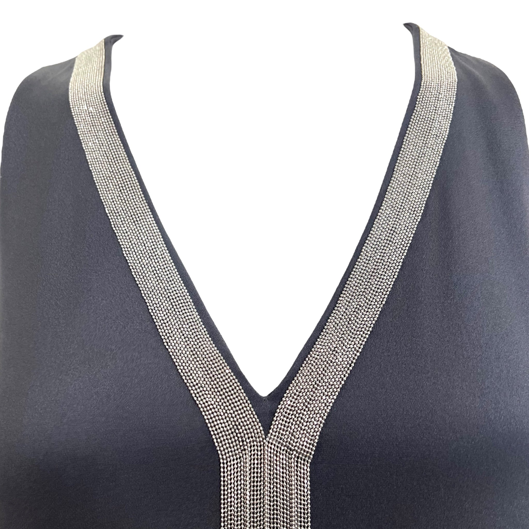 Brunello Cucinelli Slate Grey Slinky Column Gown with Monili Embellishments, neck