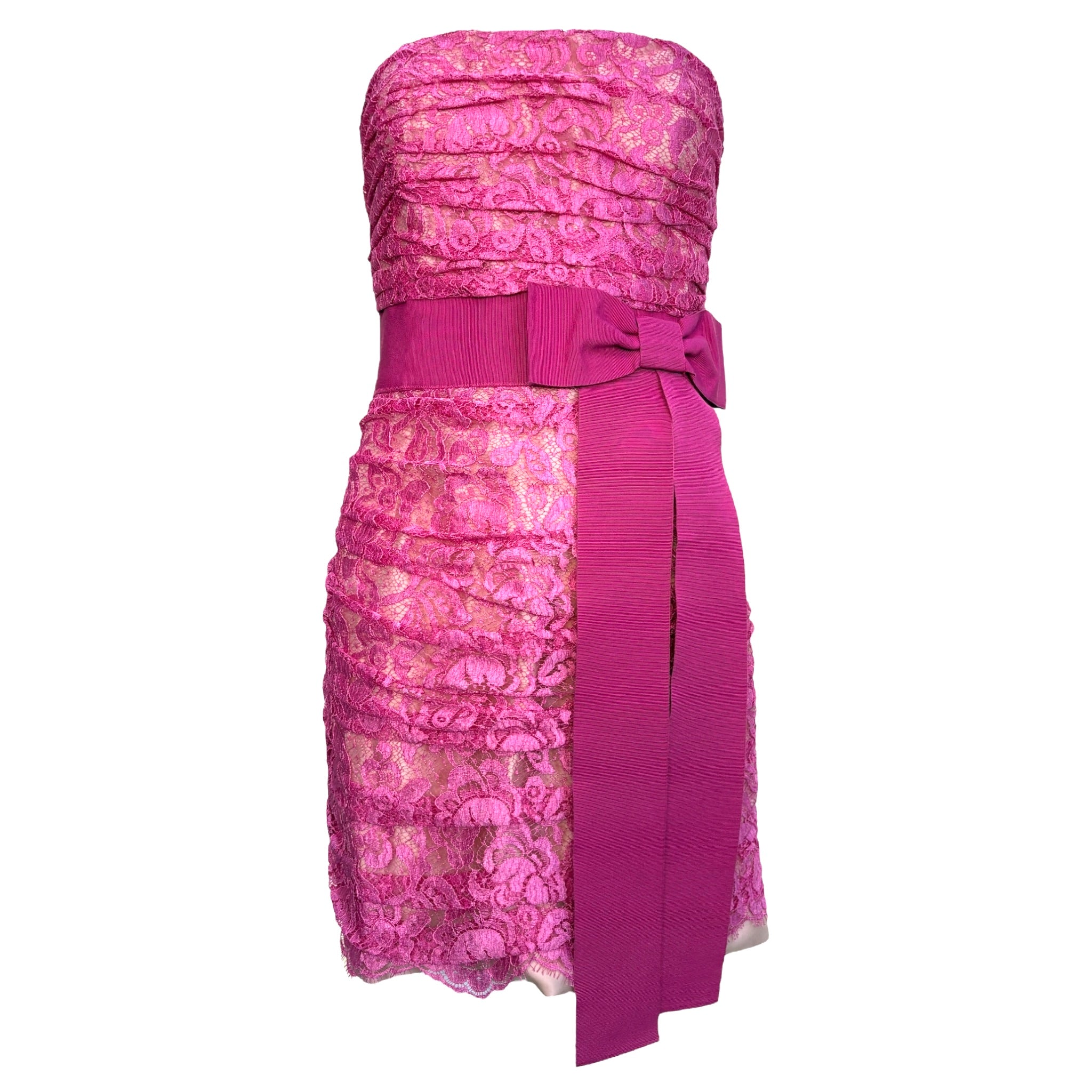 Dolce & Gabbana Hot Pink Lace Strapless Mini Dress with Ribbon Bow