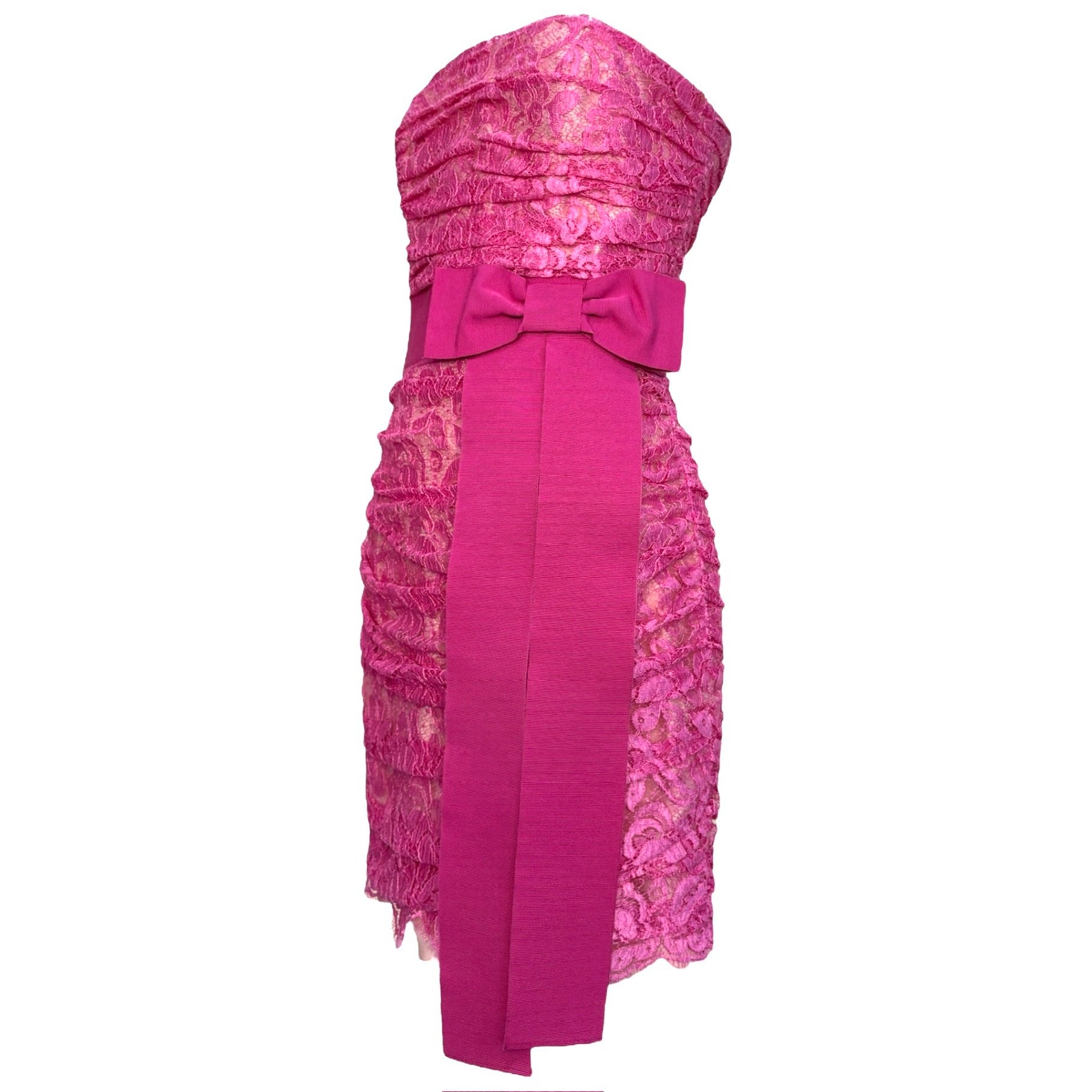 Dolce & Gabbana Hot Pink Lace Strapless Mini Dress with Ribbon Bow, side