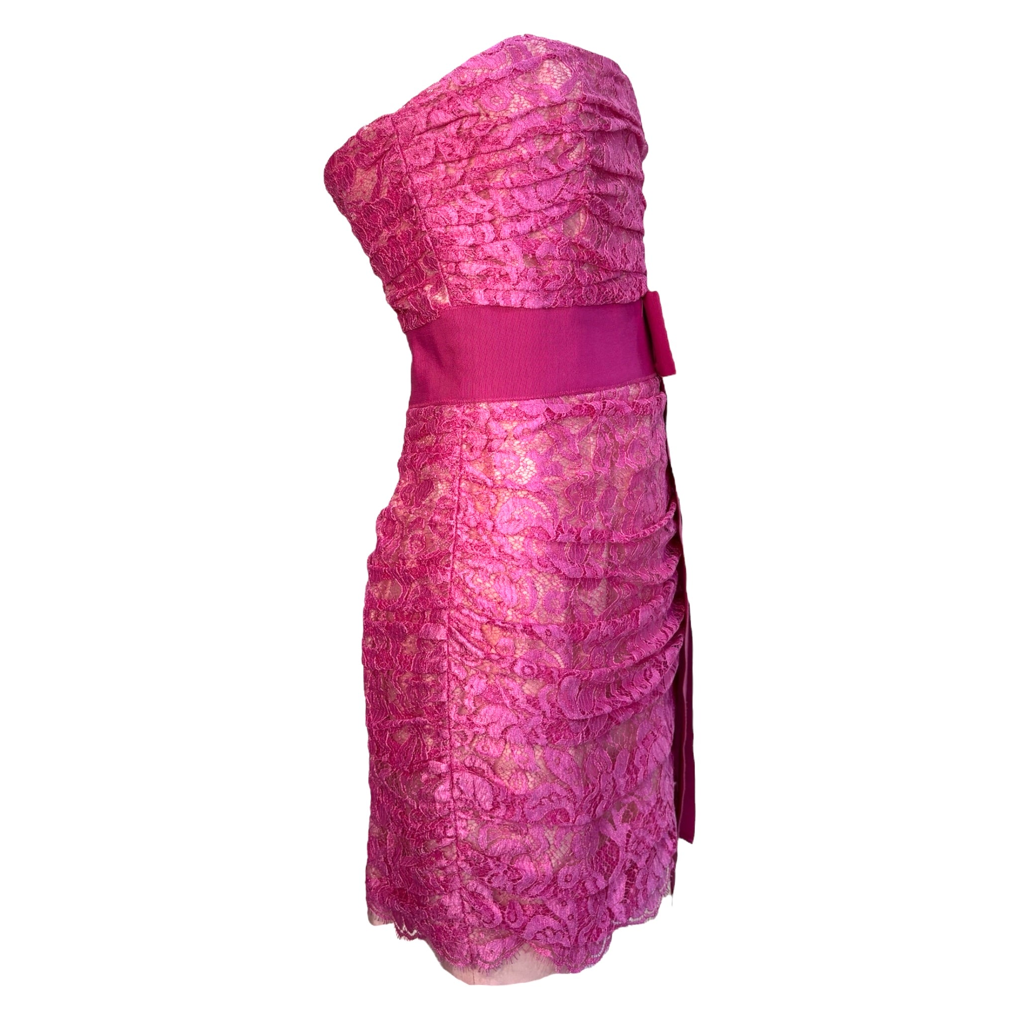 Dolce & Gabbana Hot Pink Lace Strapless Mini Dress with Ribbon Bow, side 2