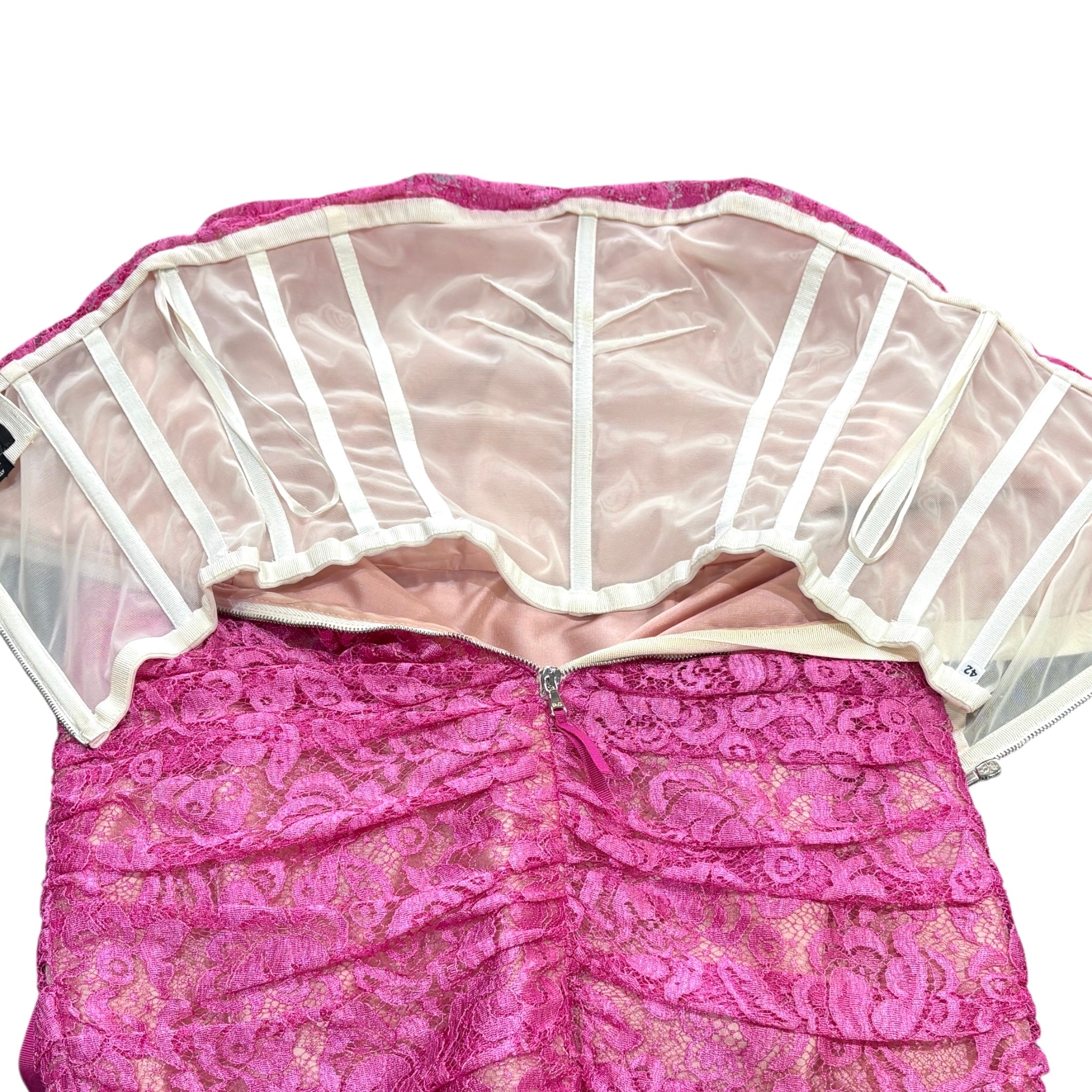 Dolce & Gabbana Hot Pink Lace Strapless Mini Dress with Ribbon Bow, corselette