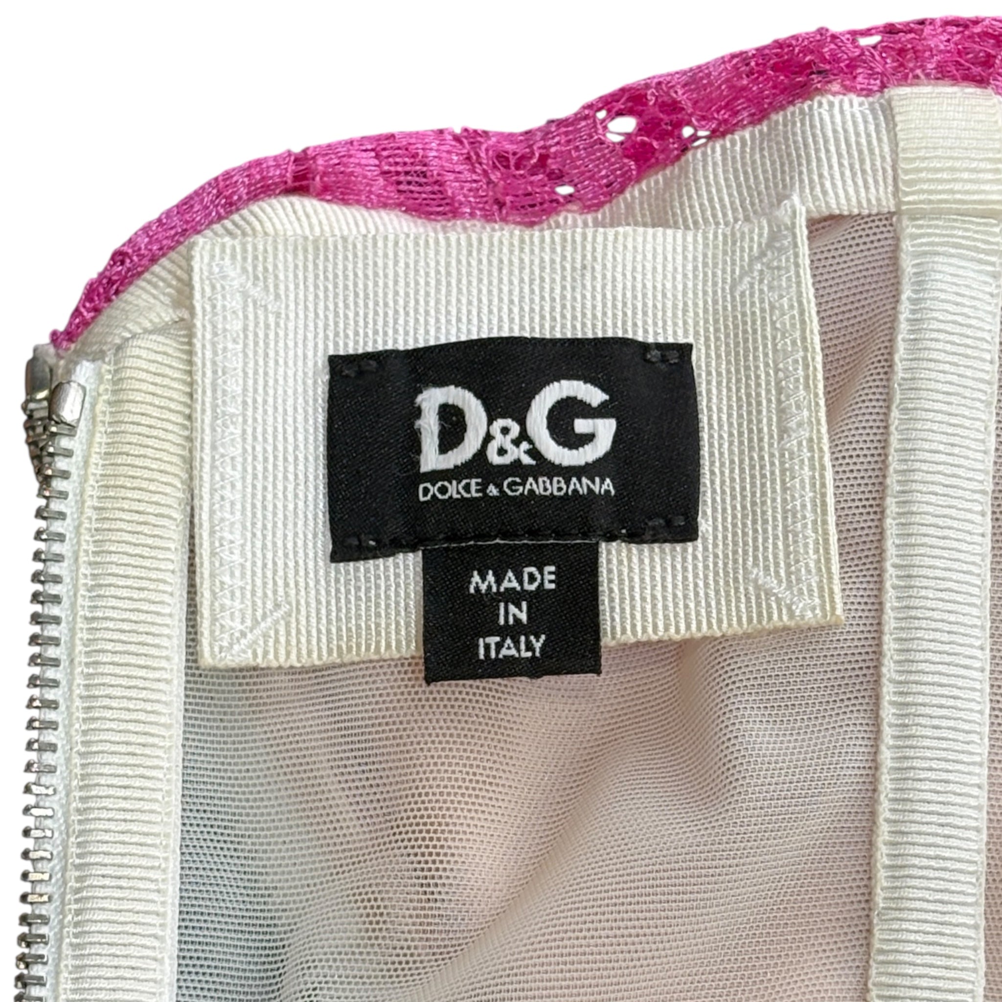 Dolce & Gabbana Hot Pink Lace Strapless Mini Dress with Ribbon Bow, label