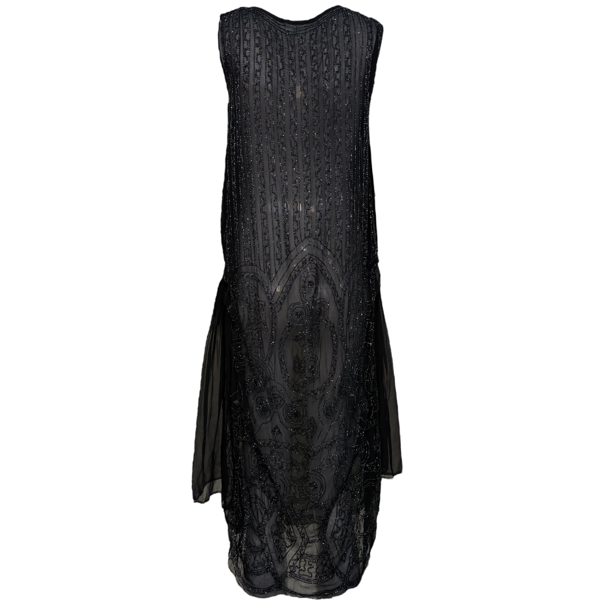 1920's Art Deco Black Beaded Ruched and Scalloped Evening Dress, back