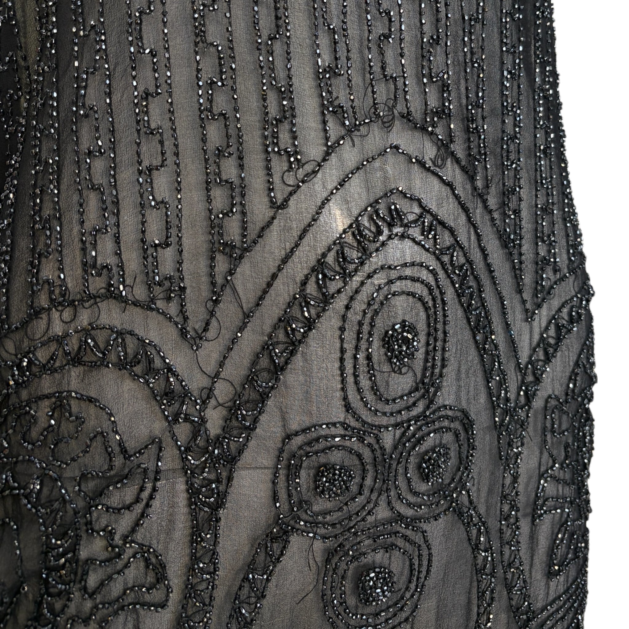 1920's Art Deco Black Beaded Ruched and Scalloped Evening Dress, detail