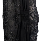1920's Art Deco Black Beaded Ruched and Scalloped Evening Dress, hip