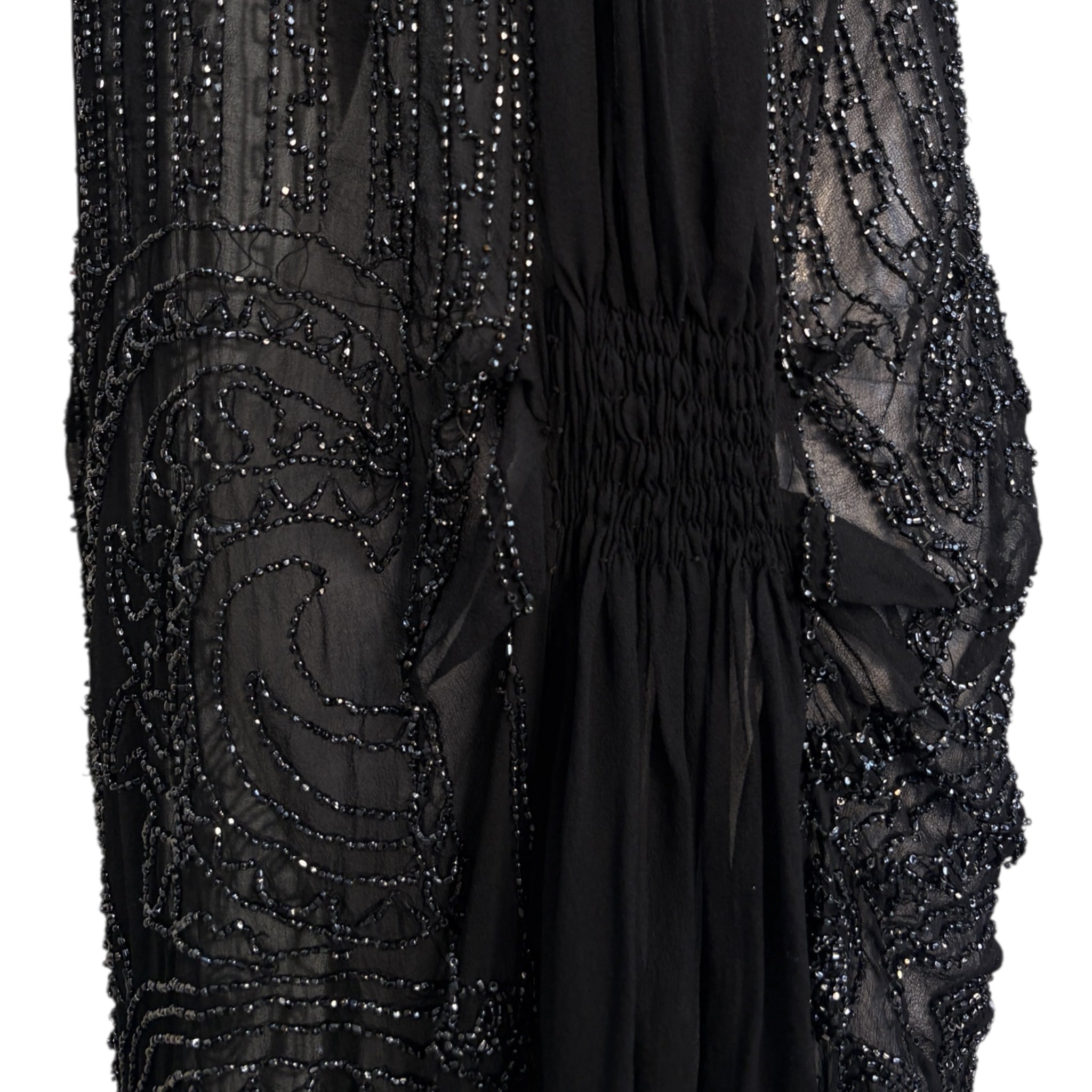 1920's Art Deco Black Beaded Ruched and Scalloped Evening Dress, hip
