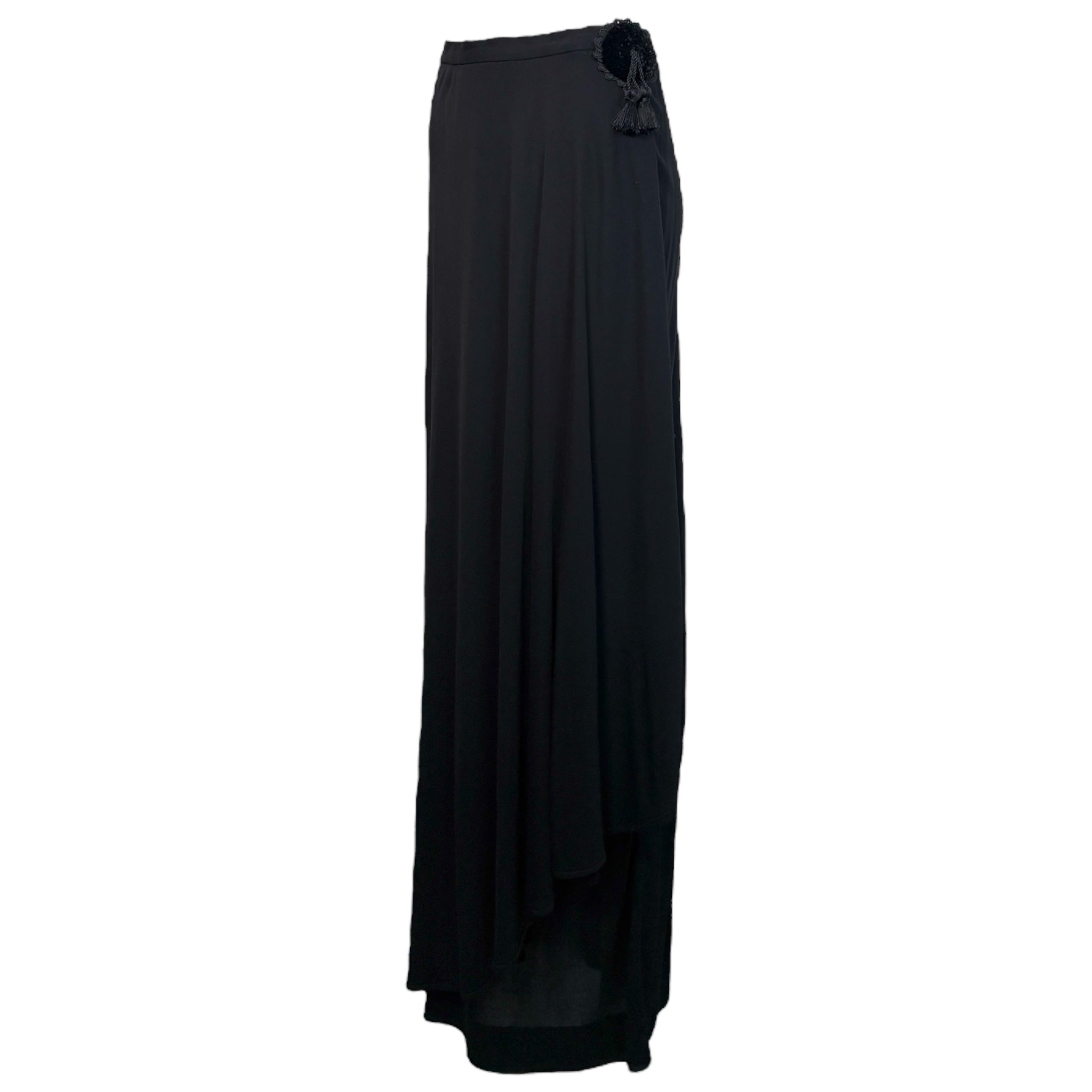 Valentino 1980's Black Asymmetrical Silk Jersey Tassel Skirt, side